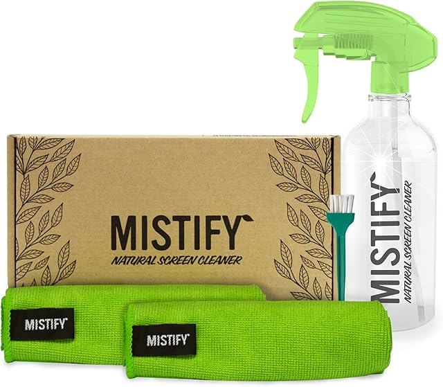 Mistify Screen Cleaner Natural Spray For TV, Laptops, Computers, Monitors, Phones - 500ml [16.9oz] Cleaning Kit With 2 Microfiber Cloths & Keyboard Dusting Brush.