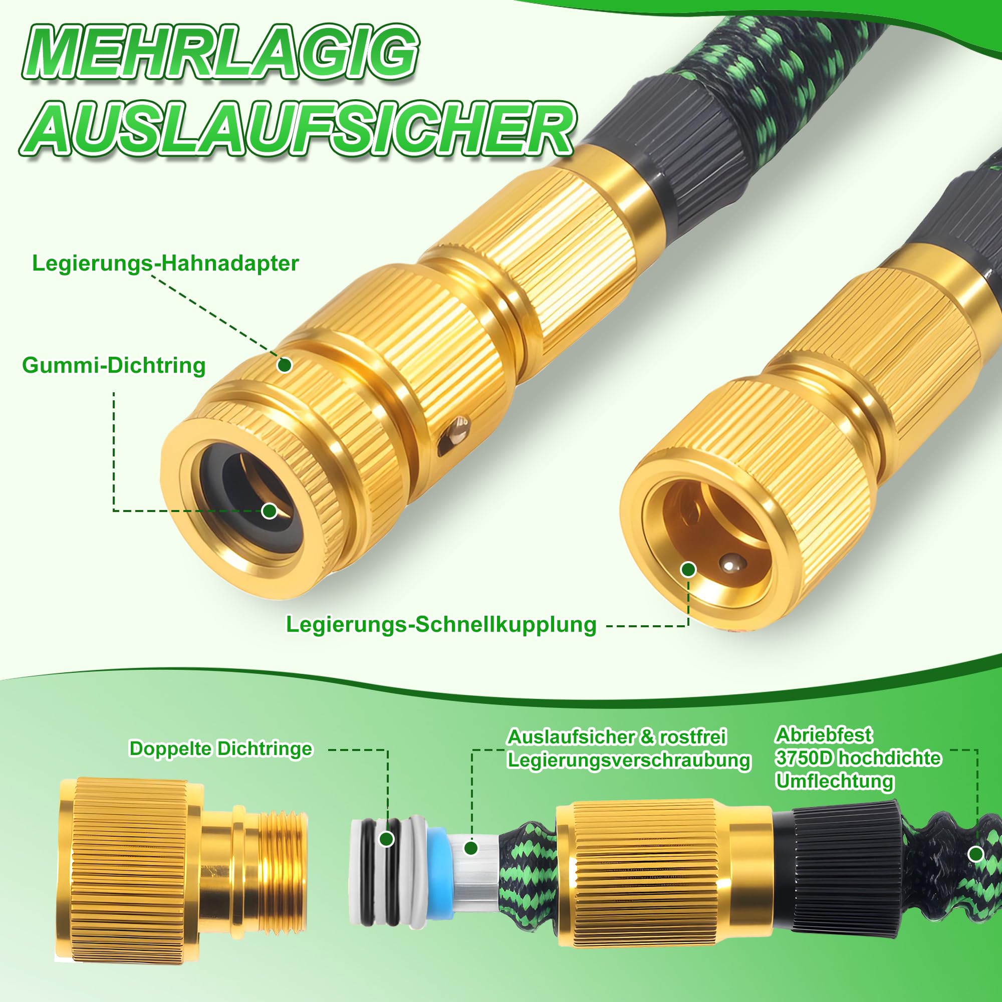 Flexibler Gartenschlauch 22,5 m (75 ft), dehnbarer Wasserschlauch mit 10-Funktions-Gartenbrause, 3/4"- und 1/2"-Anschlüsse, auslaufsicher, knickfrei, für Garten, Autowäsche und Haustierbaden