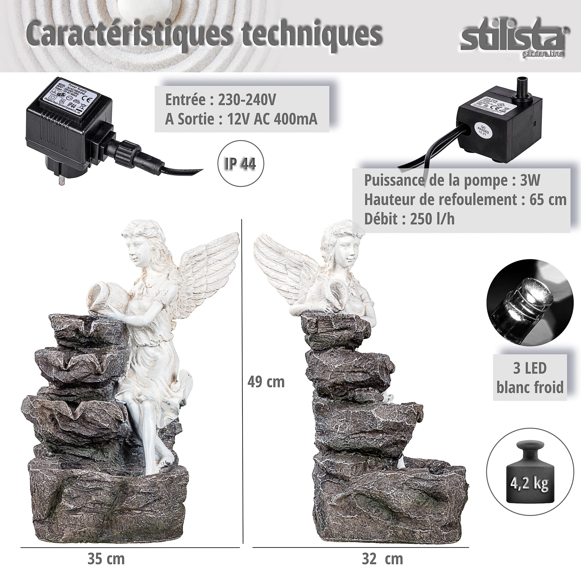 STILISTA Fontaine de Jardin Ange 49 x 35 x 32 cm, avec éclairage LED, Pompe Incluse