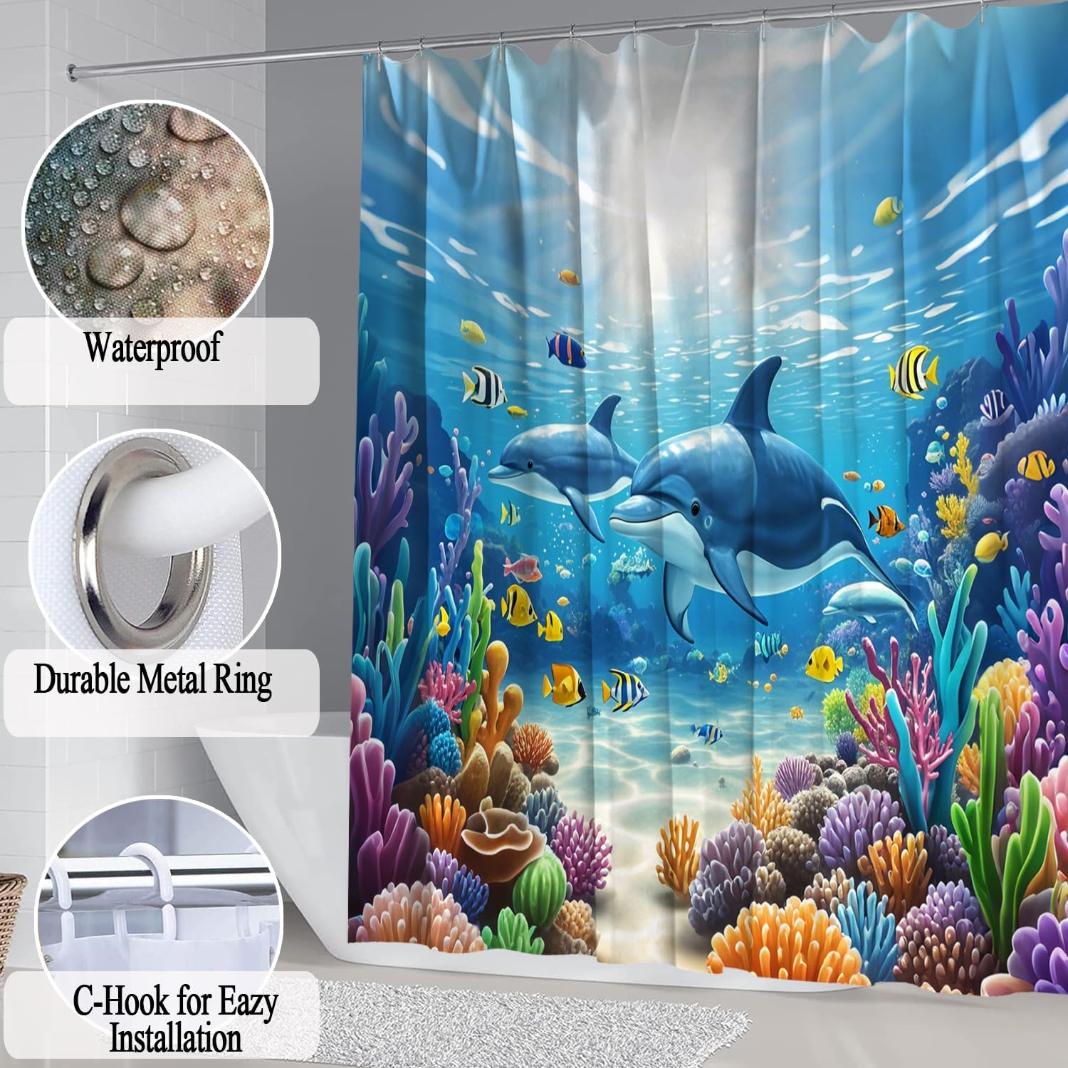 4PCS Sea Animal Shower Curtain Sets with Waterproof Shower Curtain, Non-Slip Bath Mat, Absorbent Rug, and Toilet Lid Cover, Sea Turtle Summer Home Bathroom Decor Set Independence Day, Easy to Maintain