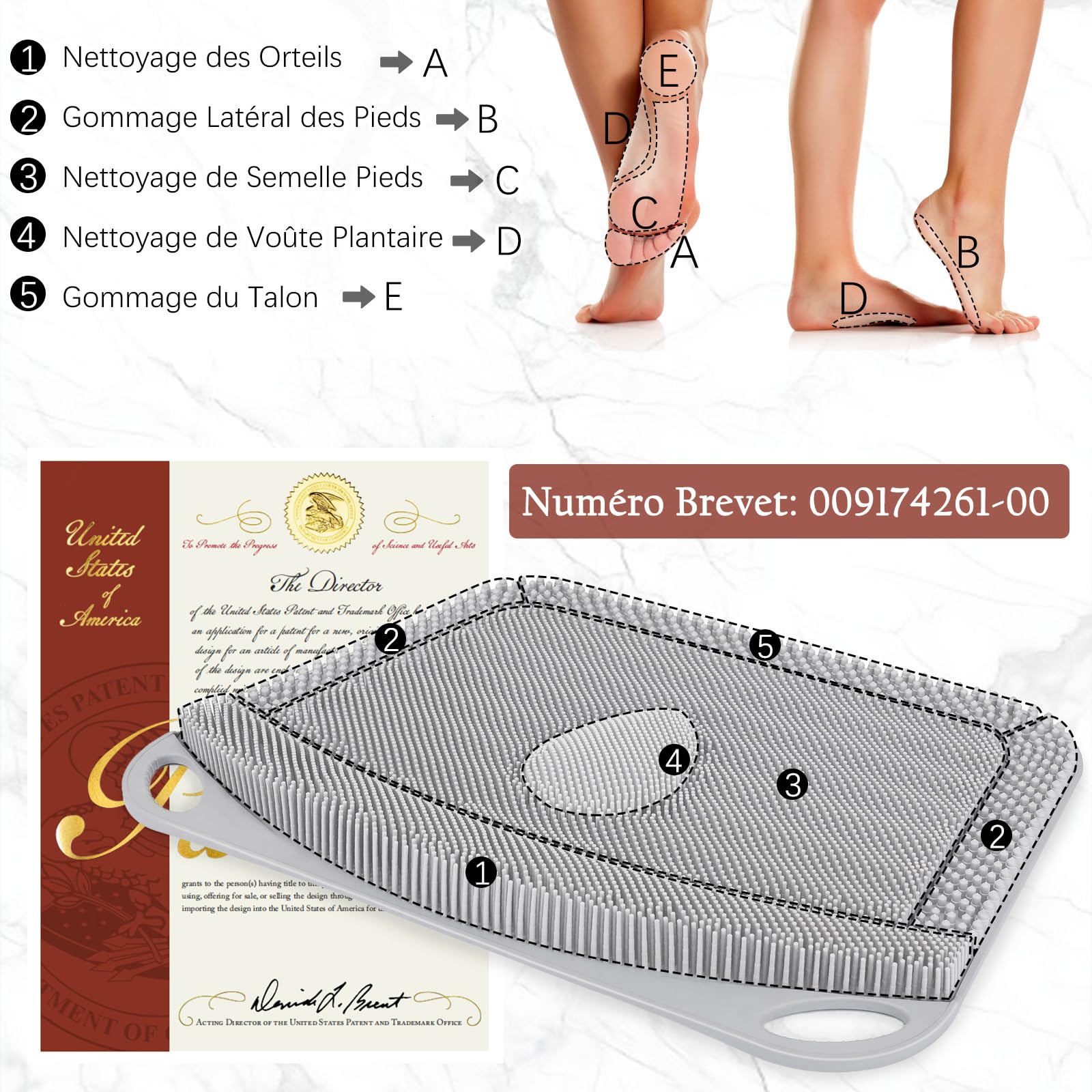 FREATECH Grand Brosse Pieds Douche Shower Foot Scrubber avec Ventouses Antidérapantes, Nettoyage, Exfoliation et Massage Complet des Pieds Sans Baisser, Amélioration Santé des Pieds, Gris - 44 x 33 cm