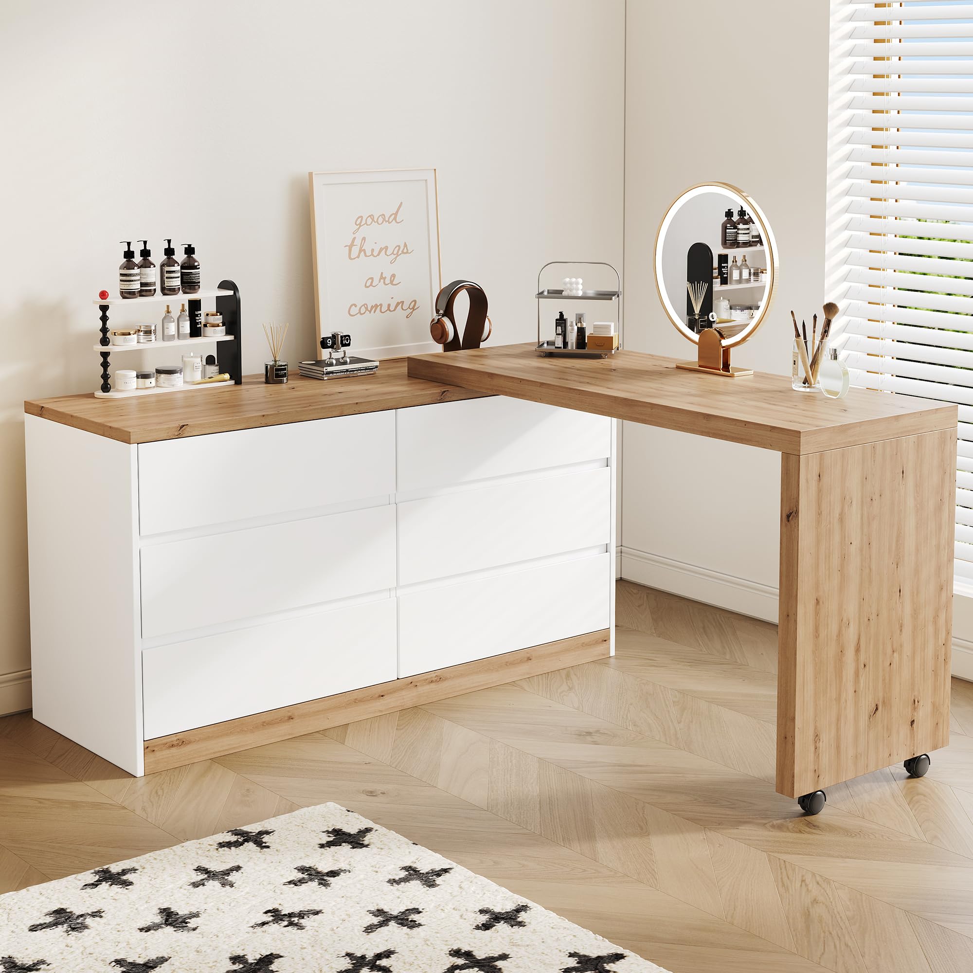 Wielofunkcyjne biurko obrotowe na kółkach, białe/dąb, 120 x 50 cm