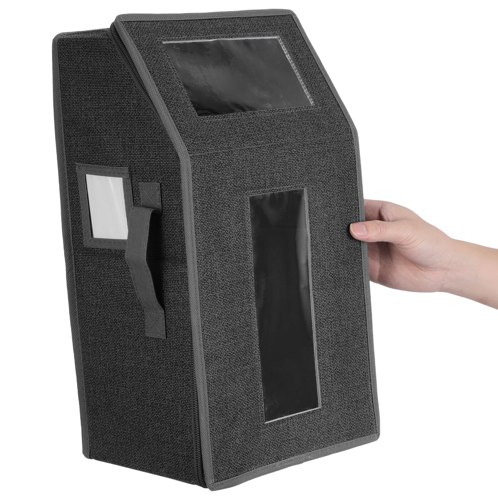 TOYANDONA Caja Organizadora de Gorras de Béisbol Plegable Transparente | 2 Piezas, Ventana Clara y Asa Lateral, Base Apilable con Cierre de Cremallera y Tarjeta Lateral