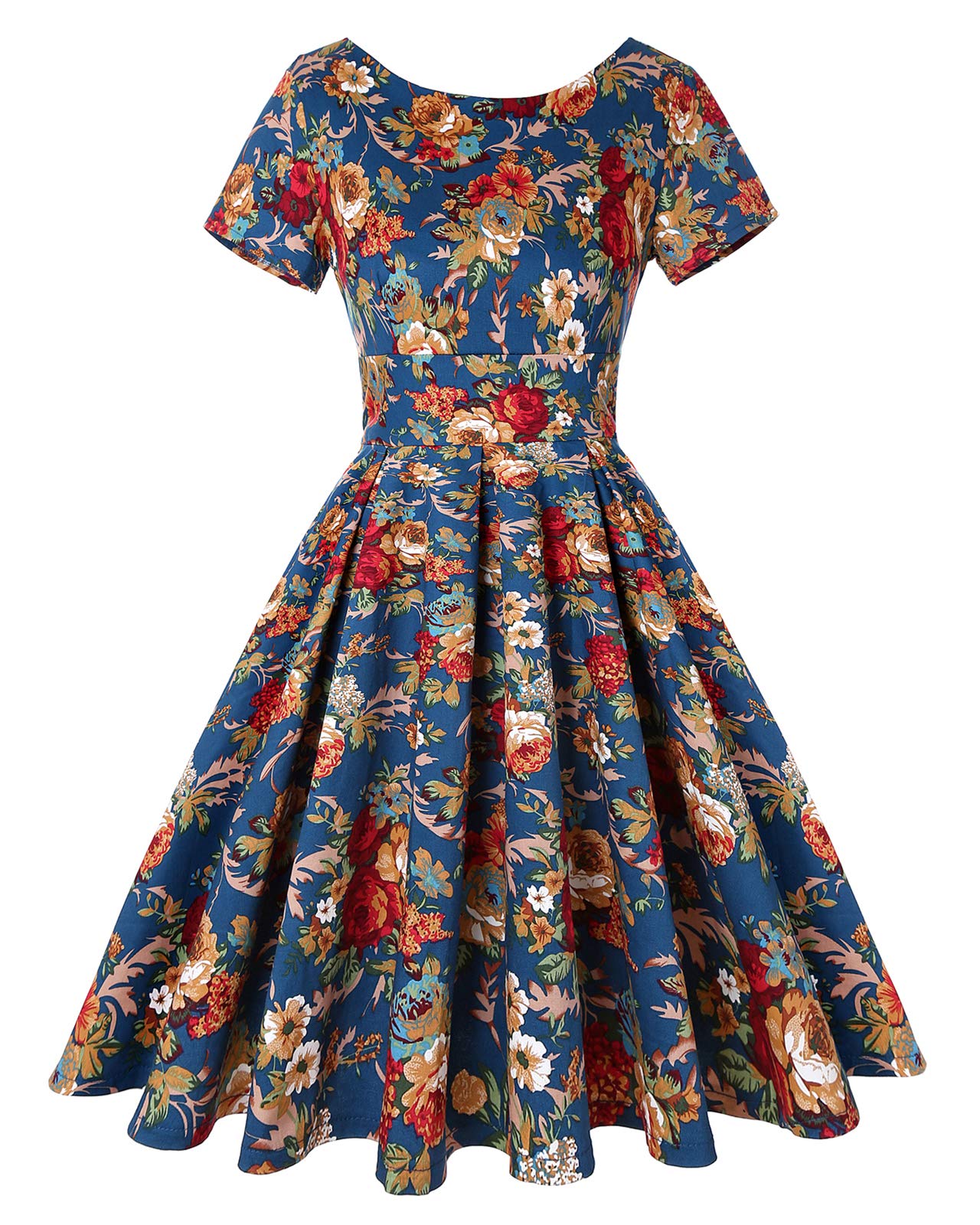 MINTLIMIT Womens Dresses Short Sleeve Party Dresses 1950s Vintage Dresses Swing Dress (Floral Navy Blue,Size M)