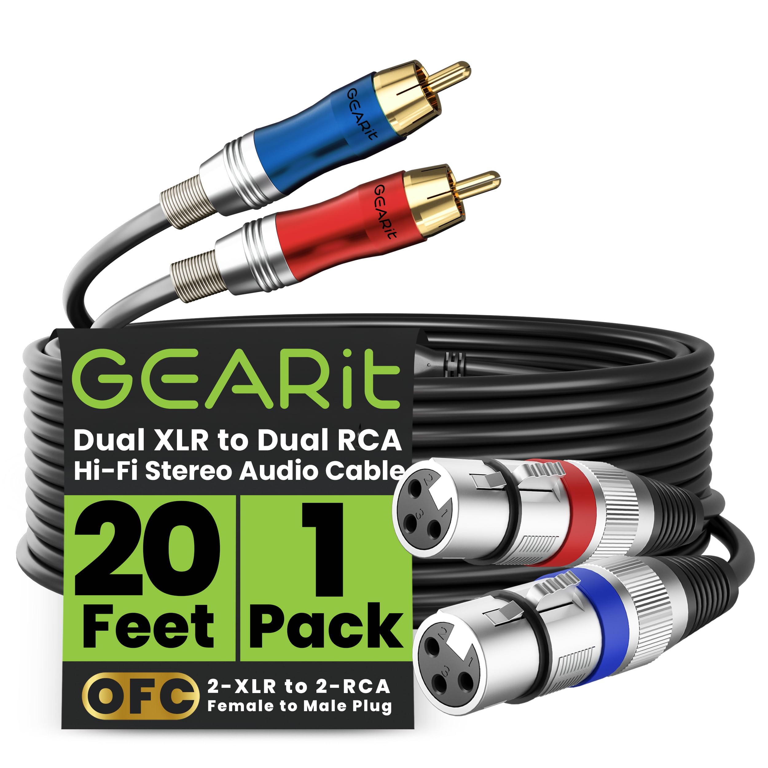 GEARit Dual 2 XLR Female to Dual 2 RCA Male Cable (20ft) 2-XLR to 2-RCA Female to Male Plug for Home Theater Mixers Amplifiers Hi-Fi Systems