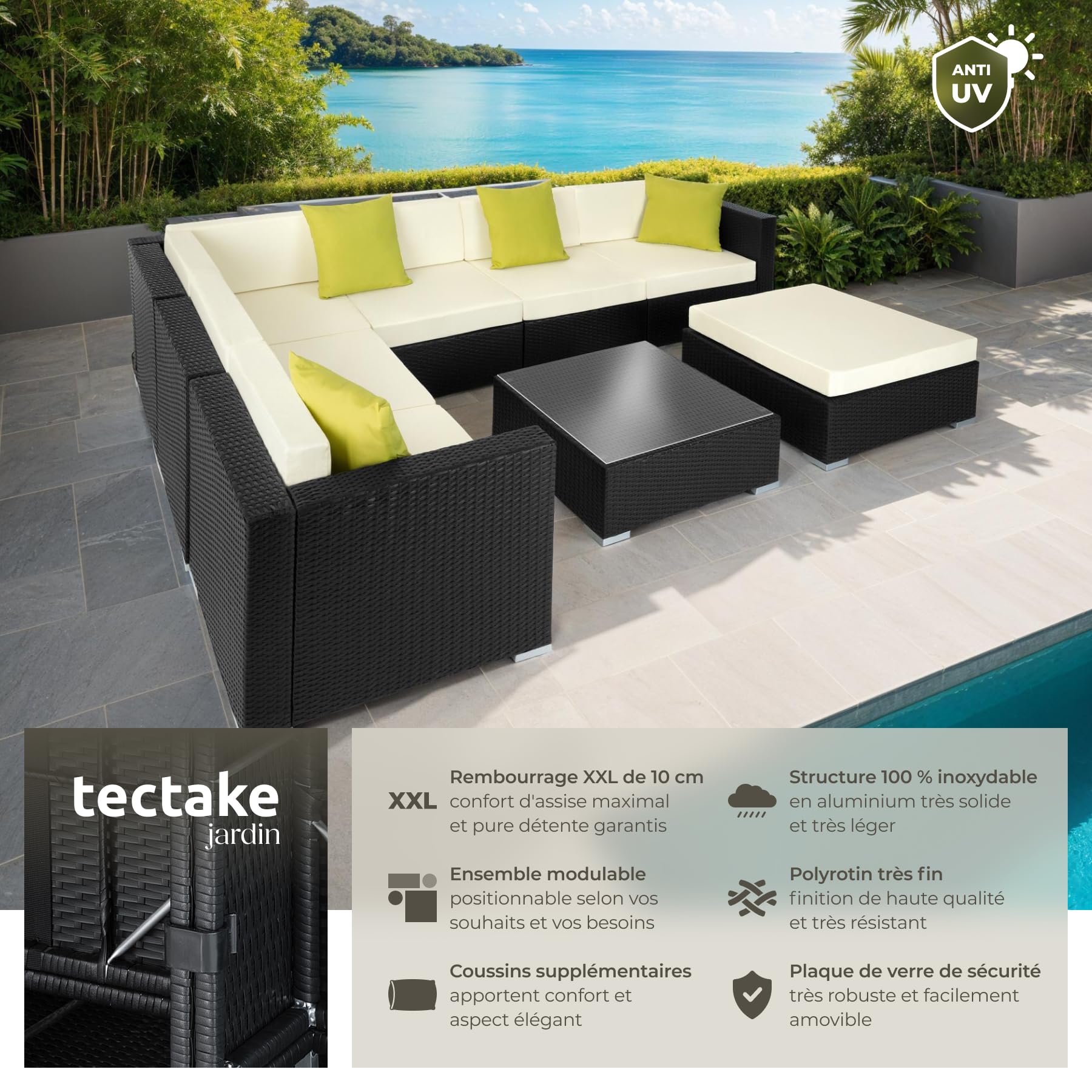 tectake® Salon de Jardin Exterieur Canapé de Jardin en Poly rotin 7 Places Modulable Cadre en Aluminium 6 Fauteuil Jardin 1 Tabouret Pouf 1 Table Coussins Inclus pour Amenagement Balcon Terrasse