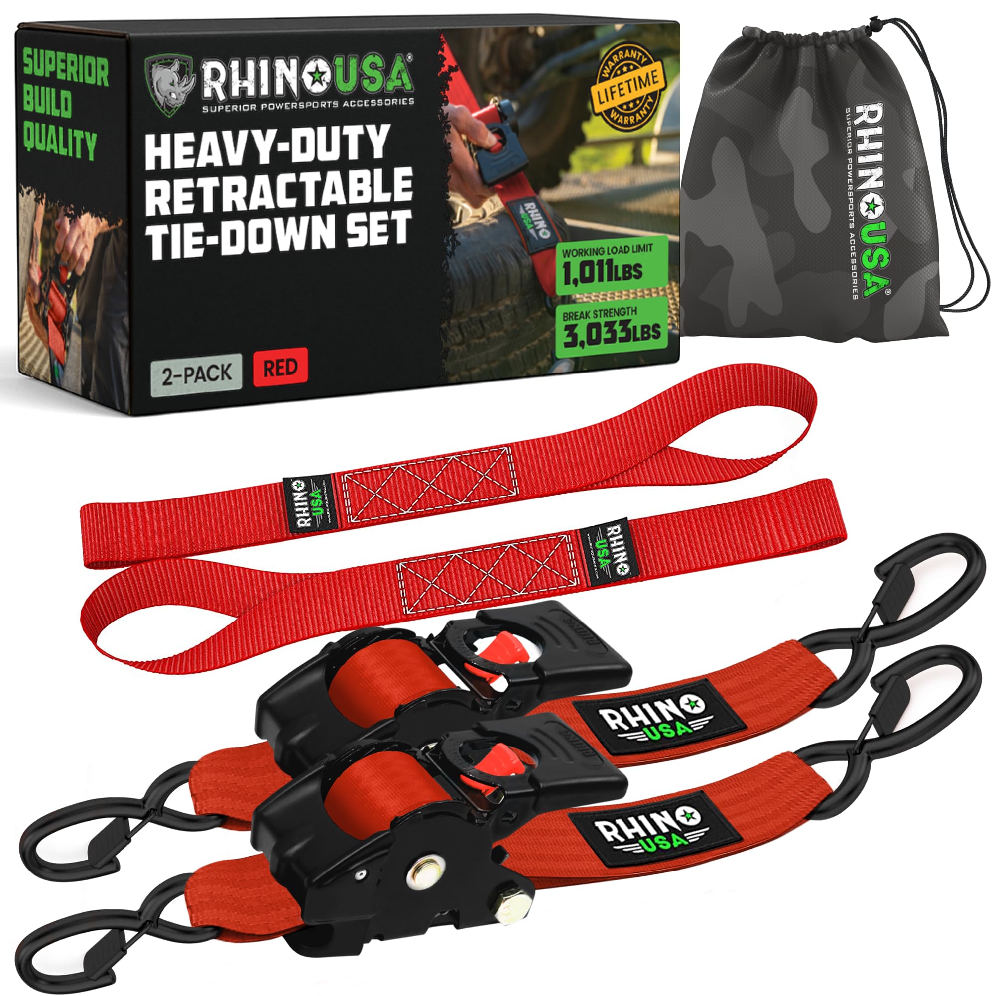 Rhino USA Retractable Ratchet Straps (2-Pack) - 2 Inch x 10 Feet (3,033lb Break Strength) - Heavy Duty Auto Self Retracting Tie Down Straps for Truck, Cargo Trailer, Motorcycle, Rad & More - Red