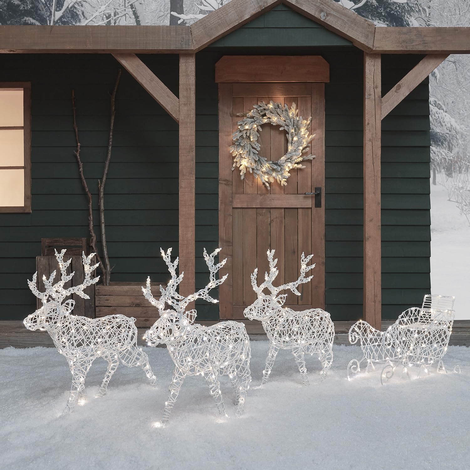 Lights4fun 3-in-1 LED Rentier mit Schlitten Beleuchtet Hirsch Figur Timer Weihnachtsbeleuchtung Außen und Innen Batteriebetrieb