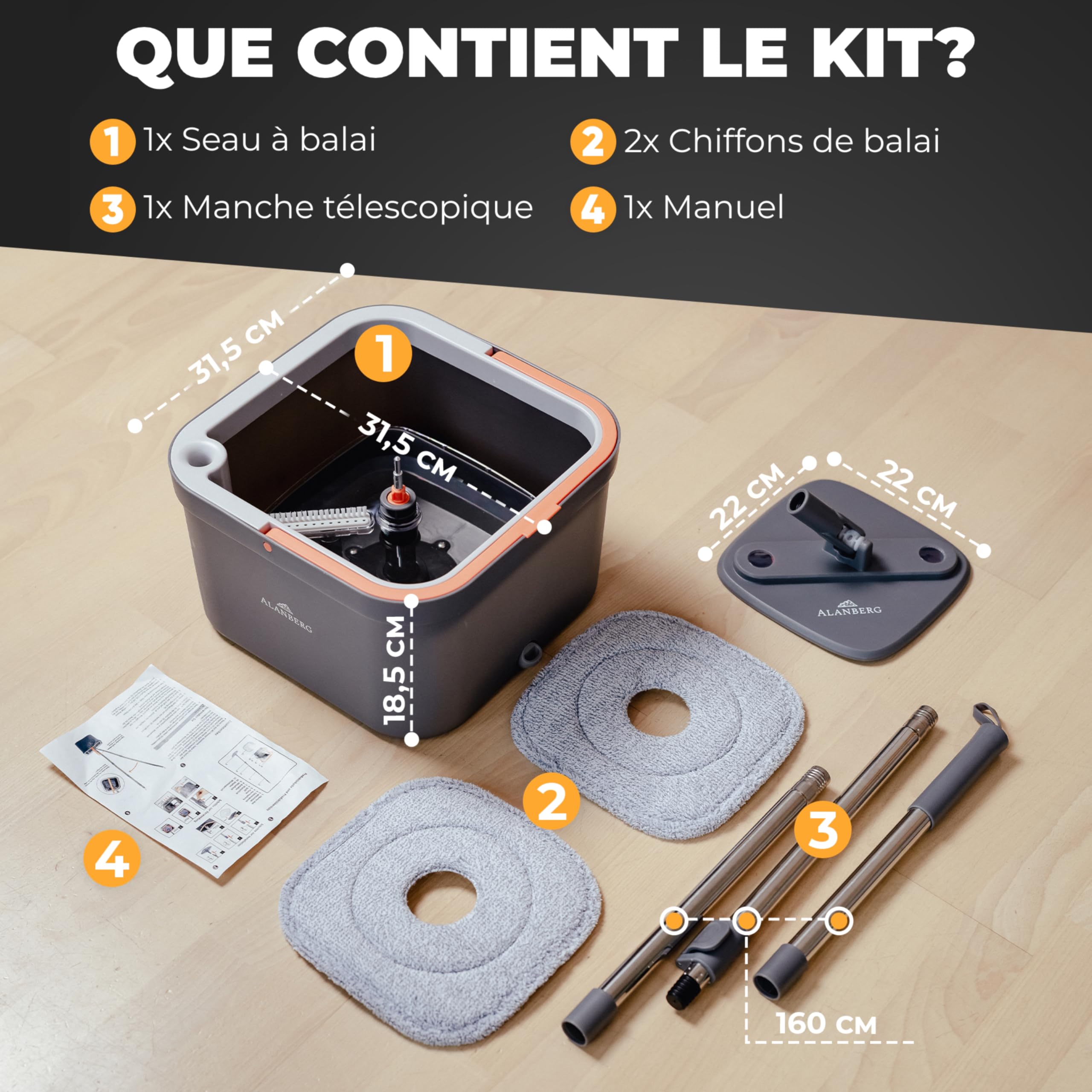 Serpillière et Seau Essoreur – Système à 2 Compartiments avec 2 Tampons Microfibre, Balai Plat de Nettoyage Sol et Ménage, Mop de Sol Plat avec Seau de Nettoyage, Gris – ALANBERG®