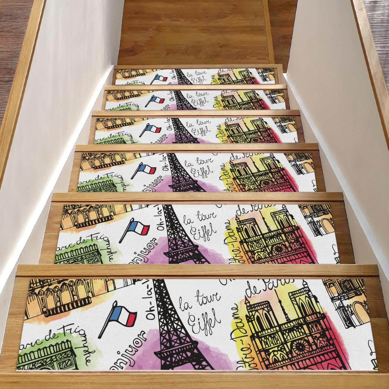 Alfombras de escalera para interiores de madera, pack 15 alfombrillas Torre Eiffel estilo vintage