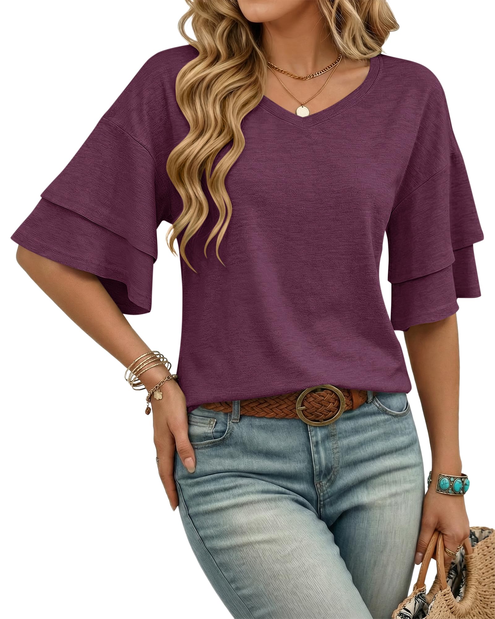 WNEEDU Bluse Damen Sommer T-Shirt 3/4 Arm Tunika Sommer Bluse Shirt V Ausschnitt Kurzarm Lässig Locker Oberteile Top mit Rüschenärmeln