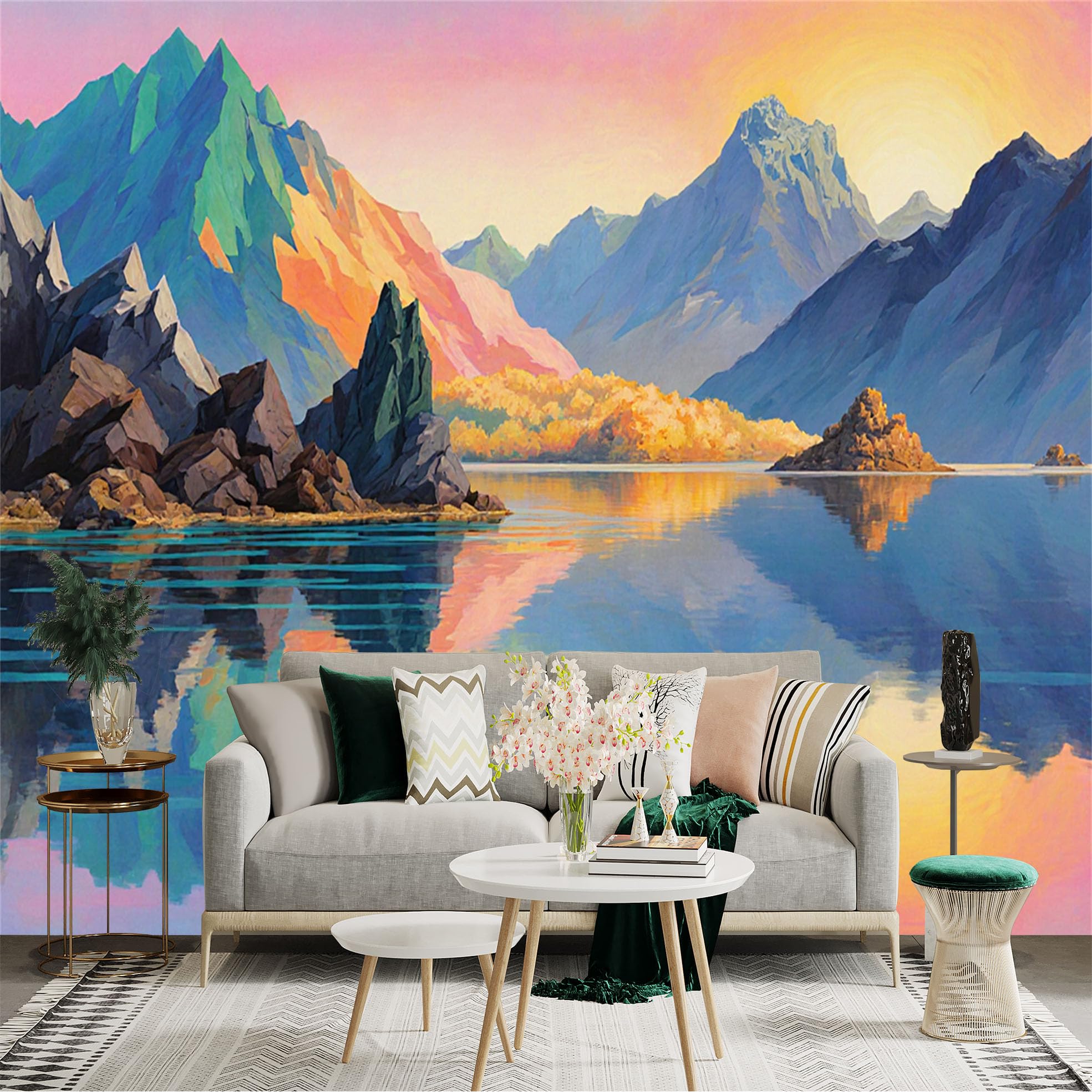 Custom Size Wall Sticker Mural， Colorful Mountain Landscape with Lake Reflection and Sunset Sky， for wall Decoration， peelandstick wall Decals.