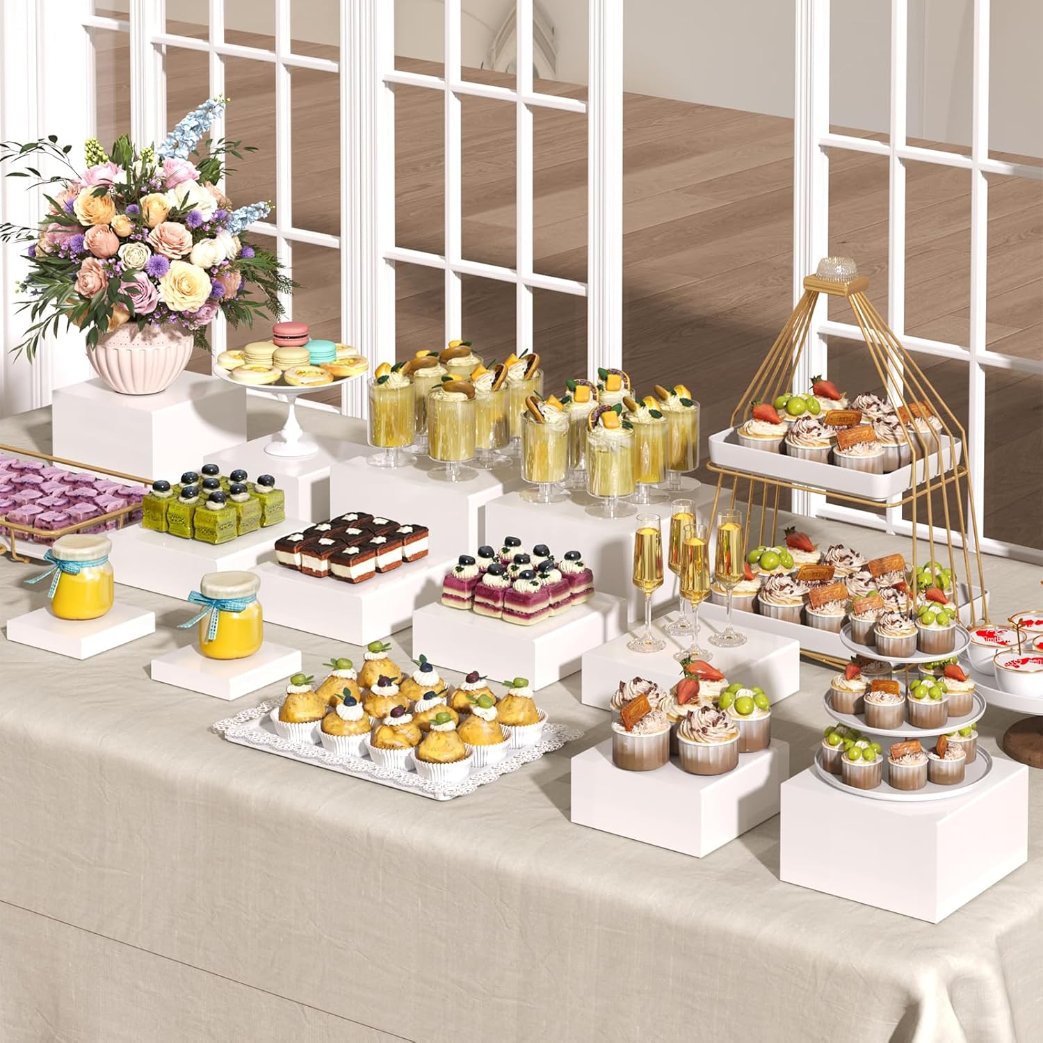 6PCS Buffet Risers with Mini Sign and Marker, Food Risers for Buffet Table, Catering Dessert Cake Stand for Party, Display Riser for Collectibles, Dessert Table Display Set, Acrylic Boxes Nesting Risers, White (5"x6"x7"8"x9"x10")