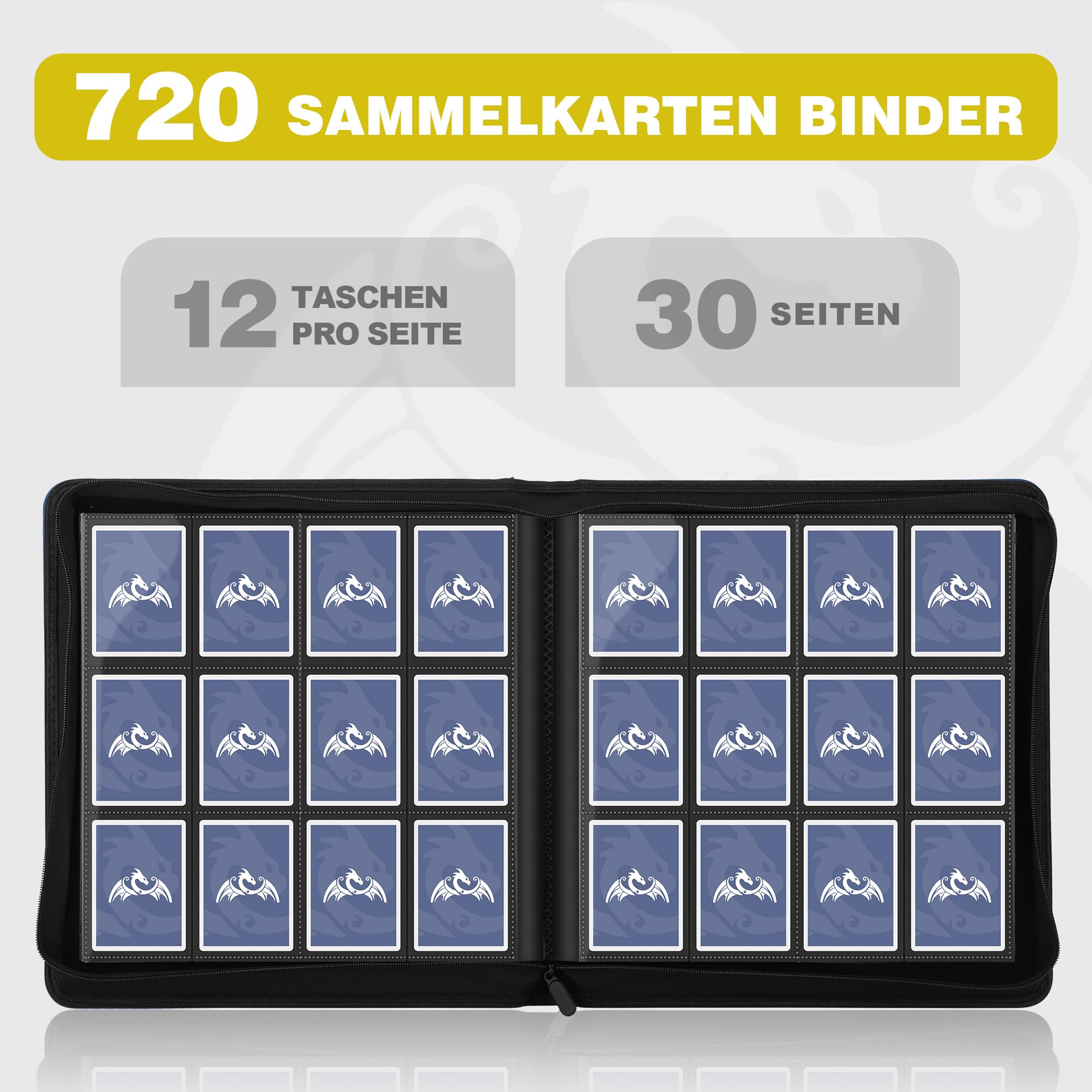 TCGPRO Álbum de tarjetas coleccionables con 12 compartimentos para hasta 720, encuadernación con cremallera lateral para tamaño estándar, álbum de tarjetas coleccionables para juegos de cartas