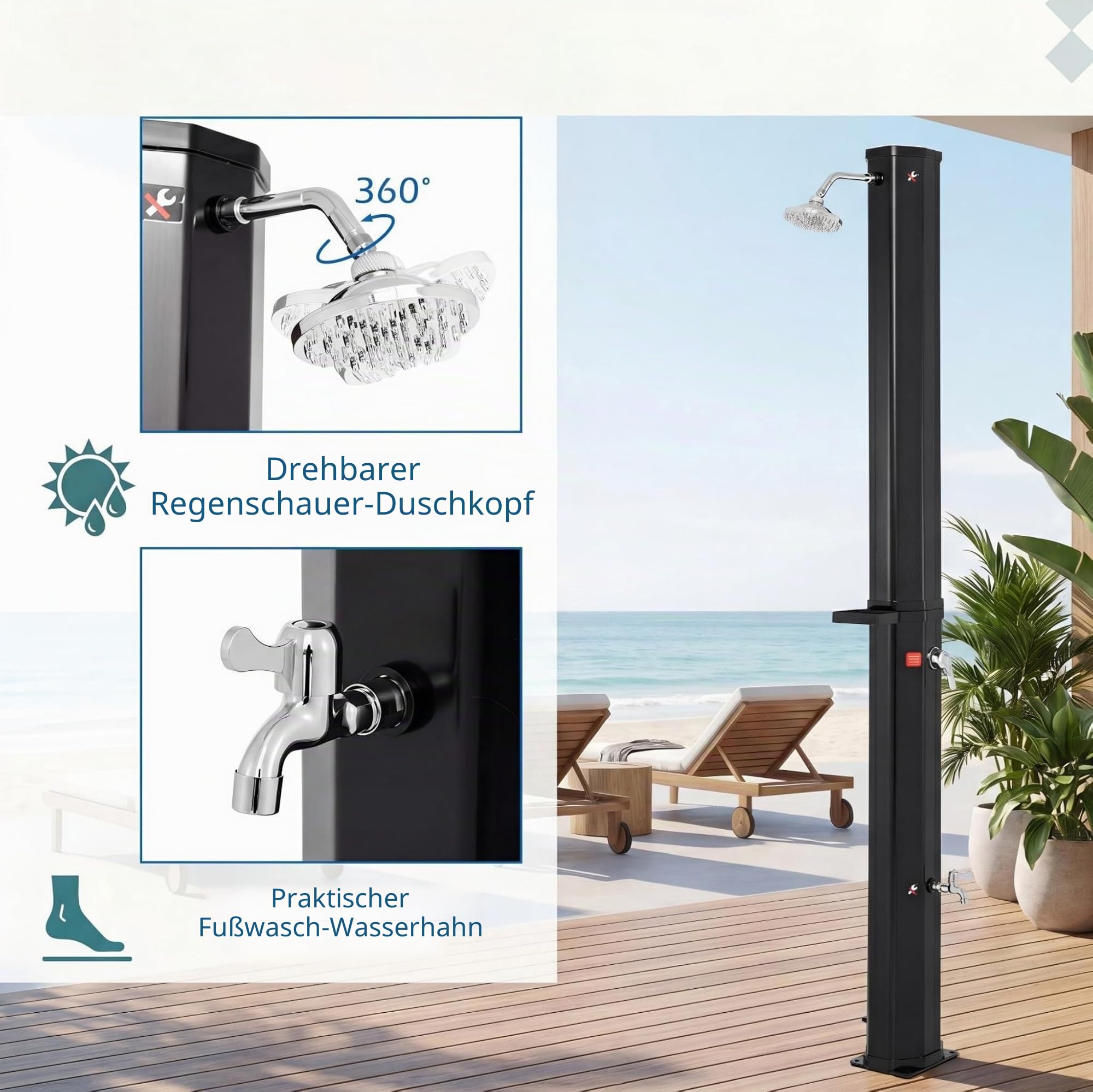 HOMASIS Solardusche 60L mit Ablage, Gartendusche mit Warmwasser bis 60°C, wetterfest Aussendusche für Garten & Pool inkl. Schutzhaube, 360° Duschkopf, Fußdusche & Wasserhahn (Schwarz)