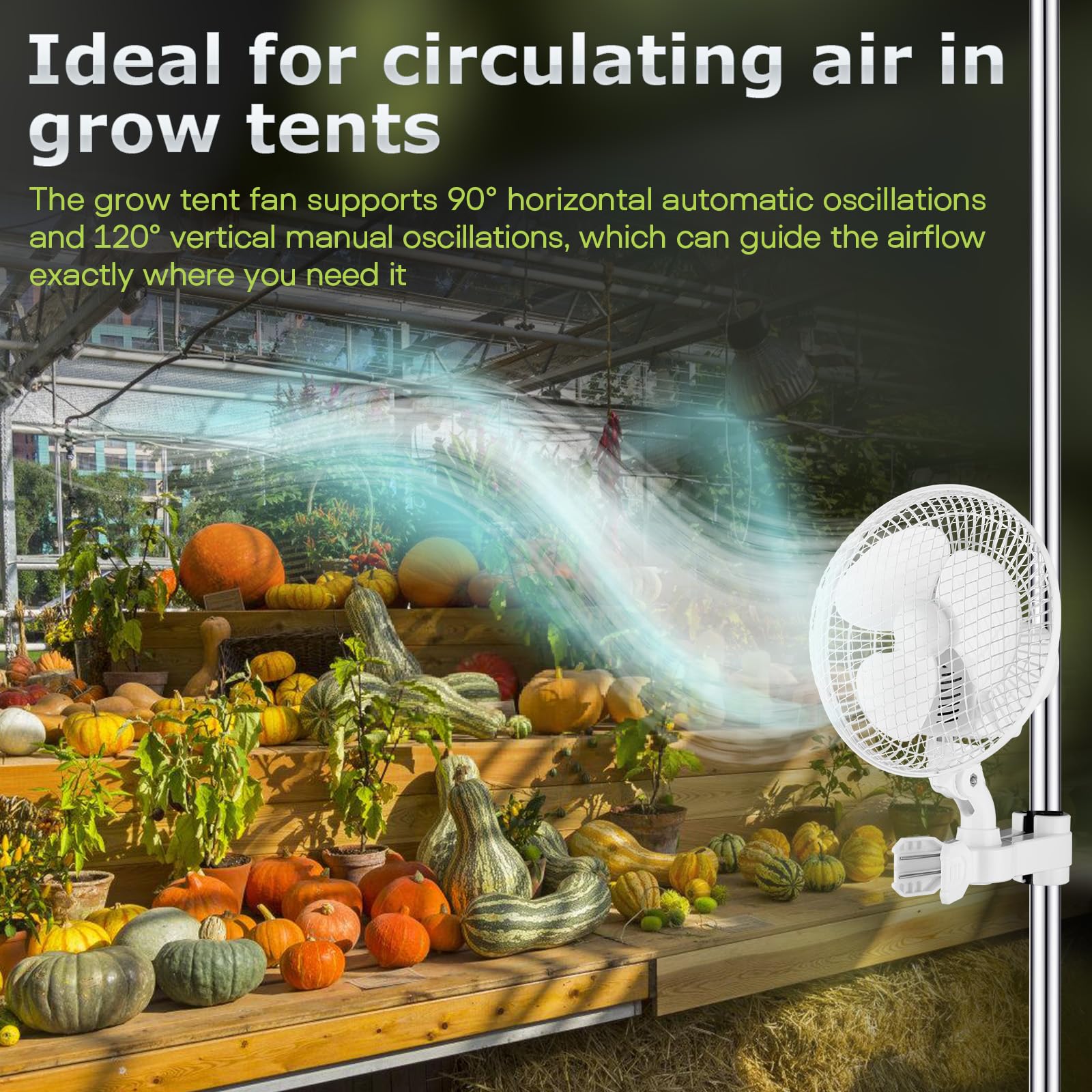 Grow Ventilator mit Clip 25W, Grow Ventilator Oszillierend mit 3 Geschwindigkeitsstufen, 2200 U/min, 20cm Klein Umluftventilator leise, ventilator für Growzelt, Zuhause im Schlafzimmer