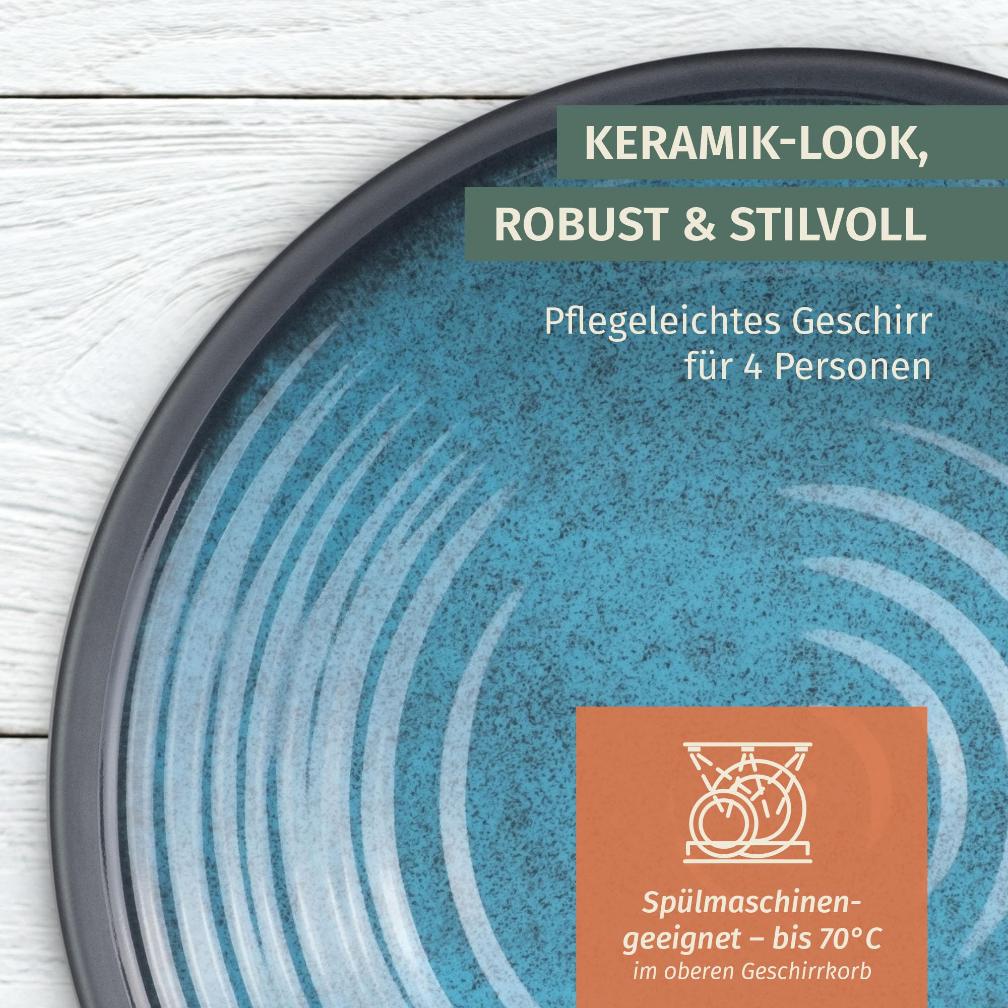 Camping Tafelgeschirr aus Melamin für 4 Personen 12-teilig | spülmaschinenfest | Picknick Geschirrset | Geschirr Campinggeschirr I Stone Blue Design