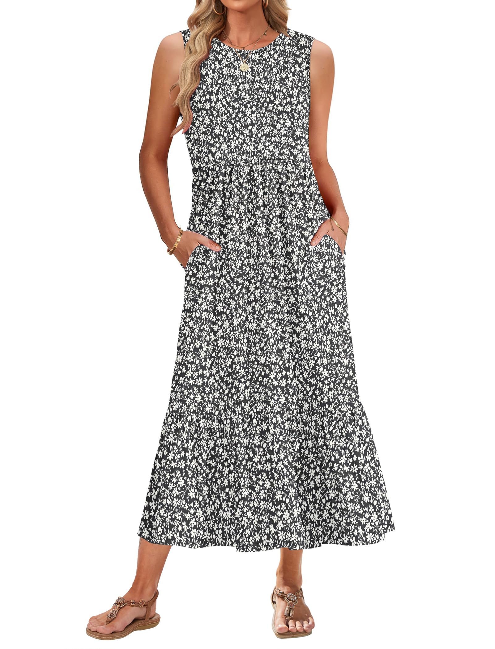 WNEEDU Summer Dress for Women 2026 Sleeveless Empire Waist Crewneck Maxi Dresses with Pockets