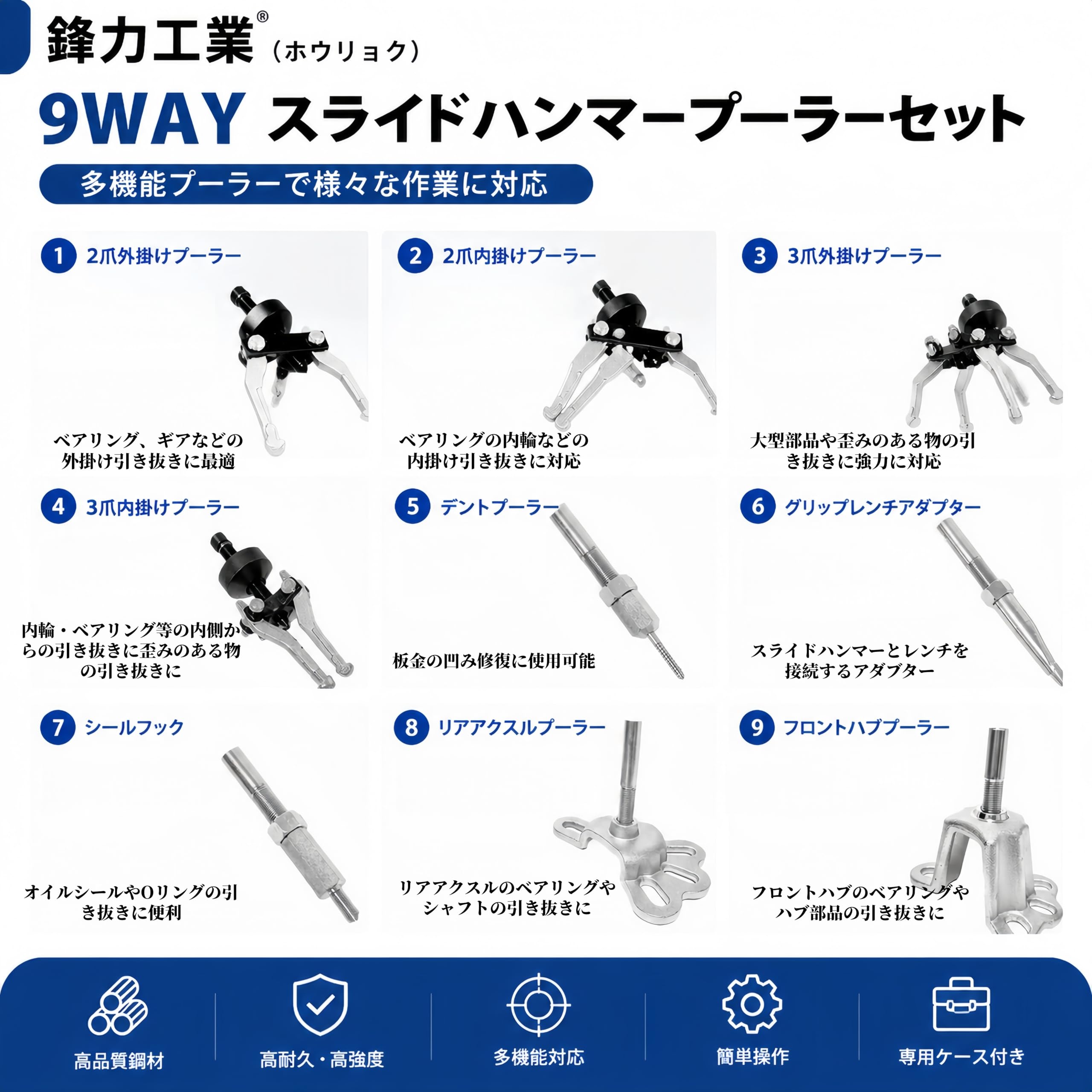 スライドハンマーセット 19点 ベアリングプーラー ハブプーラー ホイールハブベアリング抜き 9WAY 内掛け 外掛け 2爪 3爪 アクスルシャフト ブッシュ ギア プーリー対応 自動車整備工具 ブローケース付き 手袋付