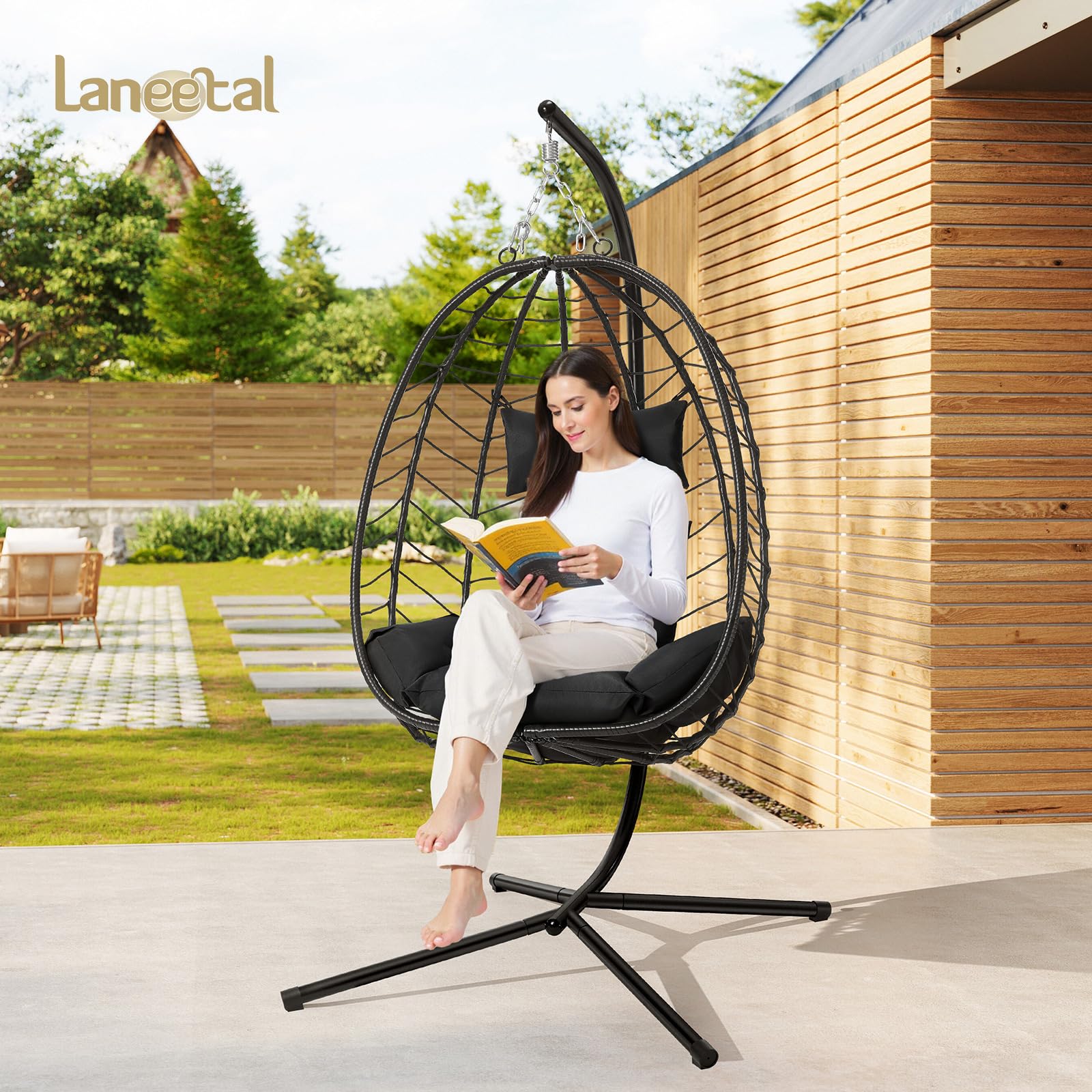 Laneetal Fauteuil Oeuf Suspendu, Chaise Balançoire, avec Support en Métal, Coussin de Siège et Appui-tête, Charge 150kg, Rotin PE, pour Jardin, Balcon, Terrasse, 102x100x196cm, Anthracite