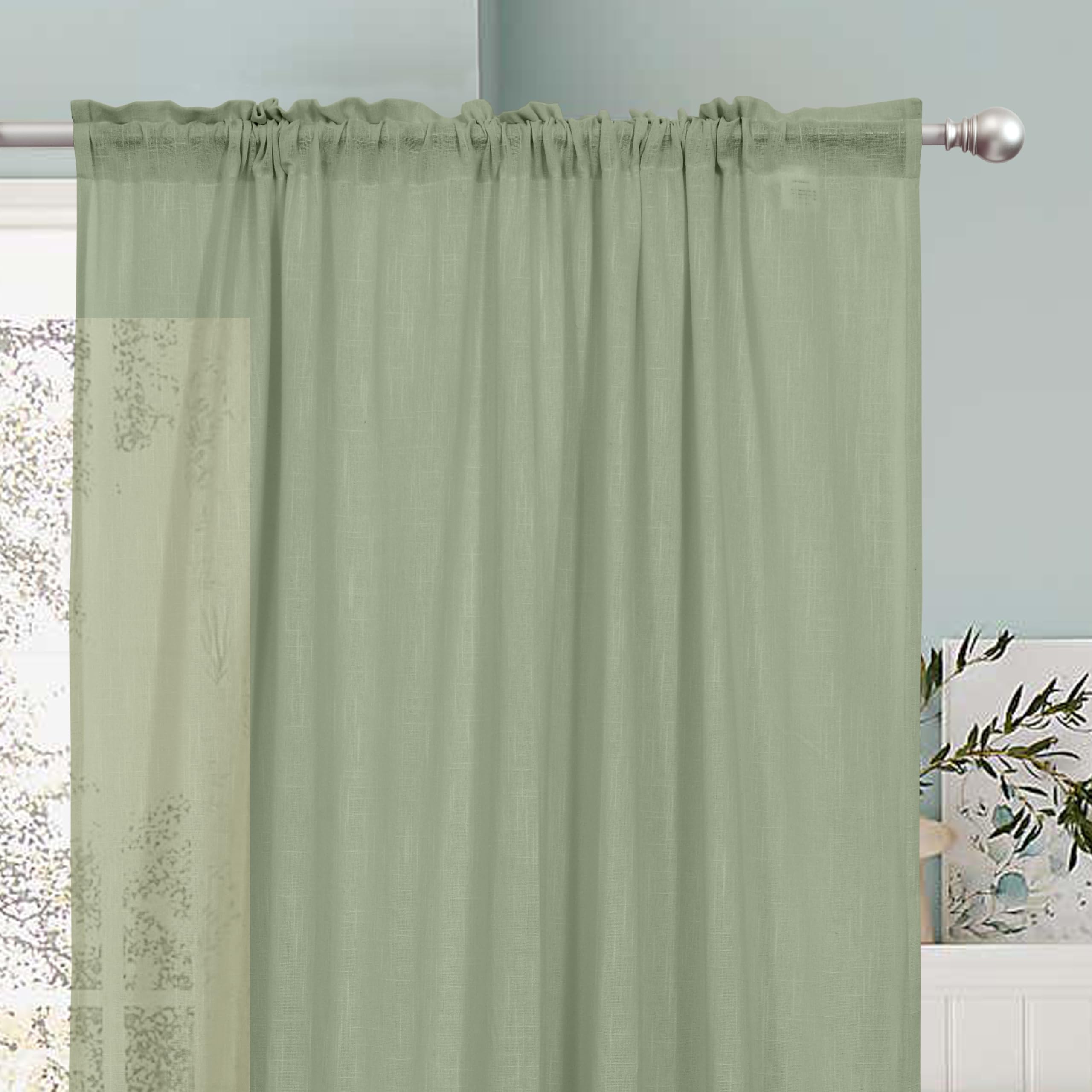 THE LINEN COMPANY Cotton Sheer Curtains with Linen Texture, Transparent Window Drapes, Rod Pocket Design, Light Filtering & Privacy Protection, Avocado Green, 6.5 Feet, Pack of 1