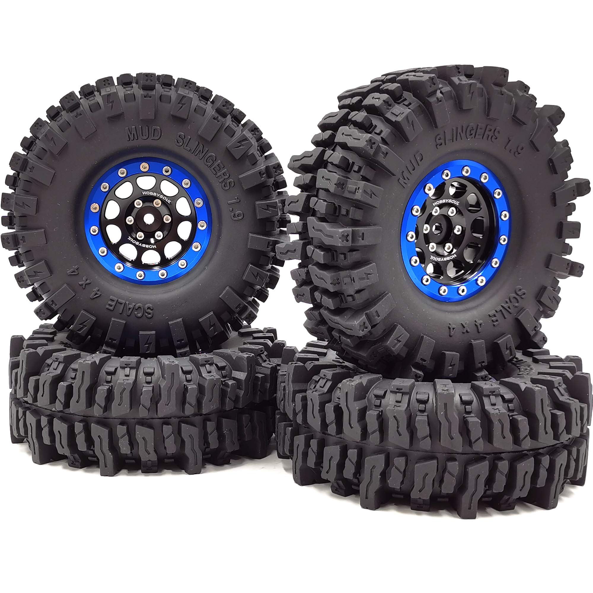 4pcs RC 1.9 Mud Slingers Tires Super Grip Tyres Height 120mm / 4.72inch & Aluminum Alloy 1.9 Beadlock Wheel Rim Hex 12mm Blue/Black Color