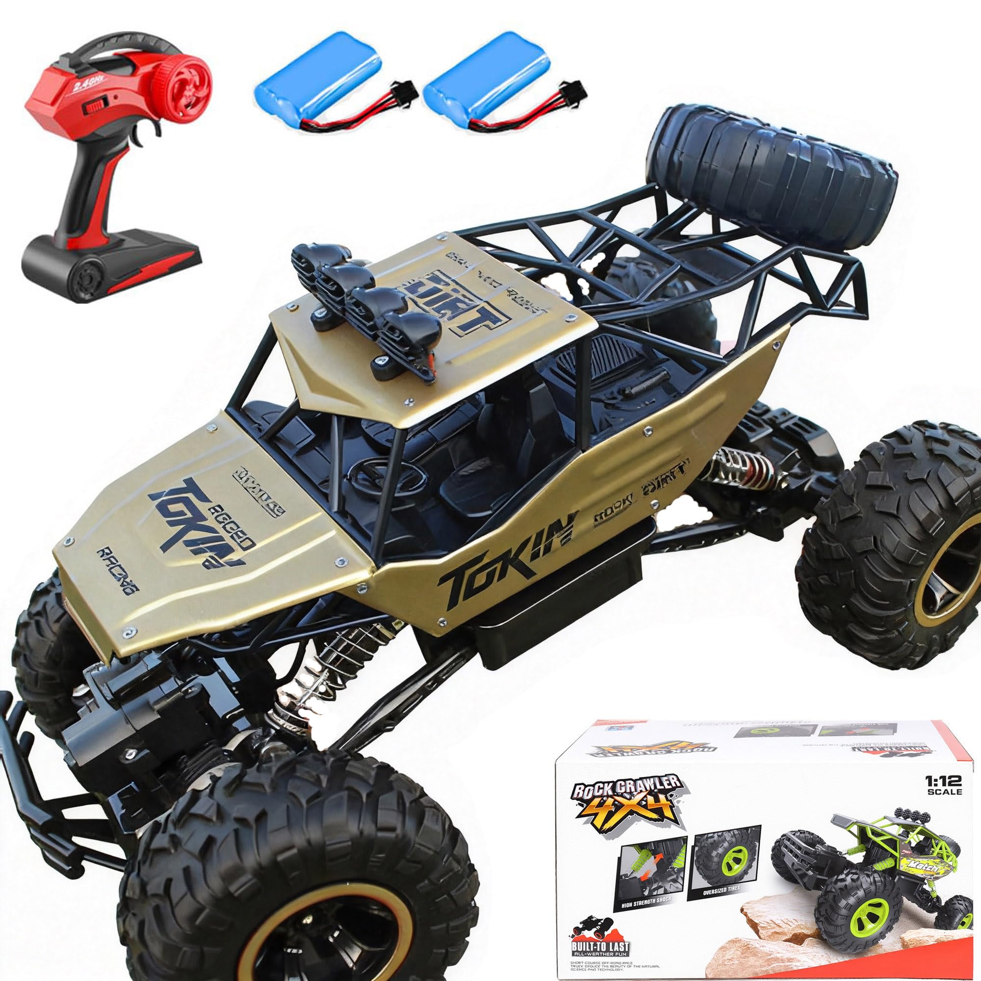 SULIFEVIP 1:12 RC Car RC Monster Truck Remote Control Car 4WD Off-Road Radio Controller Cars Monster Truck, Metal Shell with 2 Batteries Large 38CM For Kids,Multiplayer Play Vehicles 5 Colors (Gold)