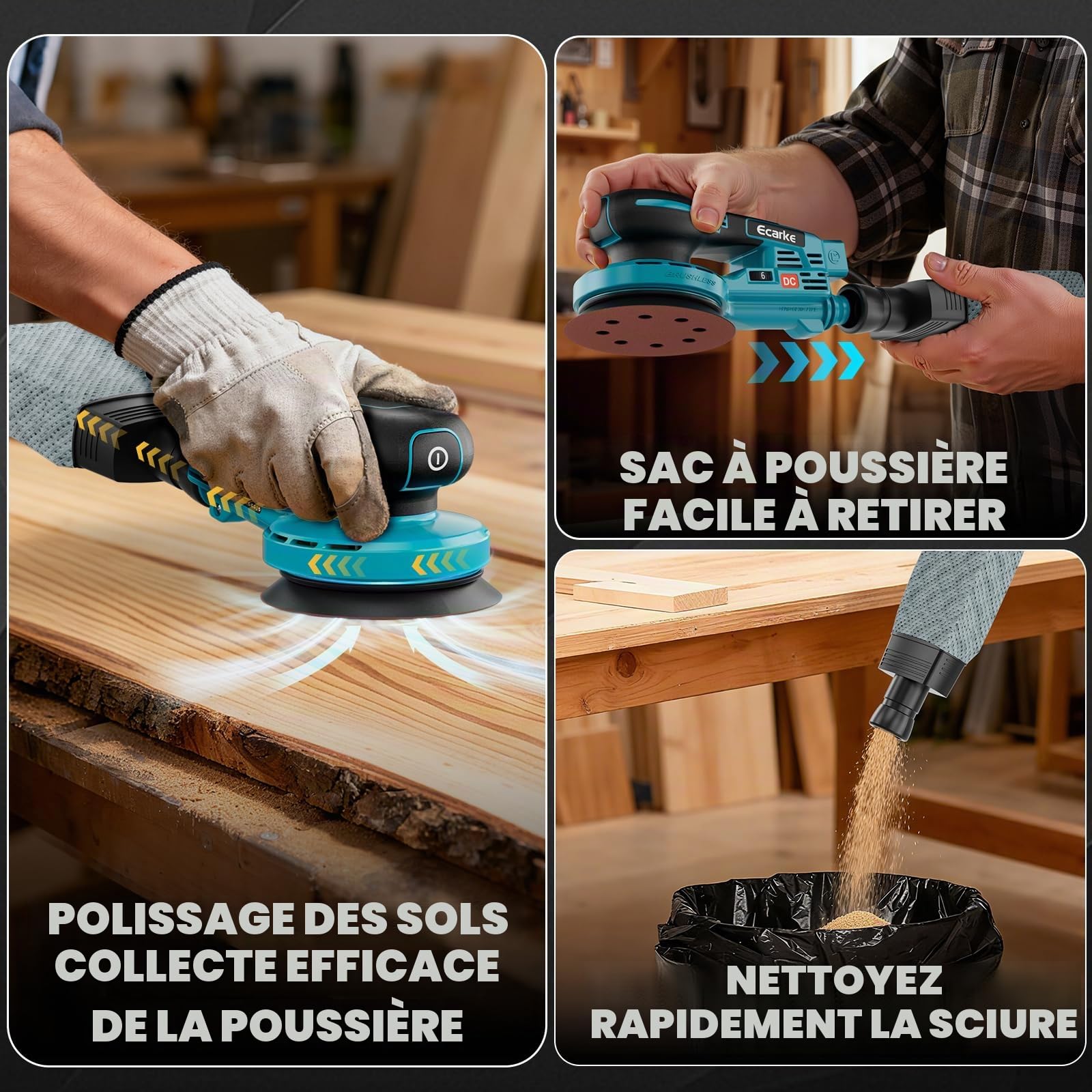 Ecarke Ponceuse Excentrique Sans Fil 125 mm,Compatible avec Makita 18V, 15000 tr/min, 6 Vitesses Réglables, avec Sac à Poussière & 20 Disques Abrasifs, pour Cirer, Dérrouiller(Outils Uniquement)