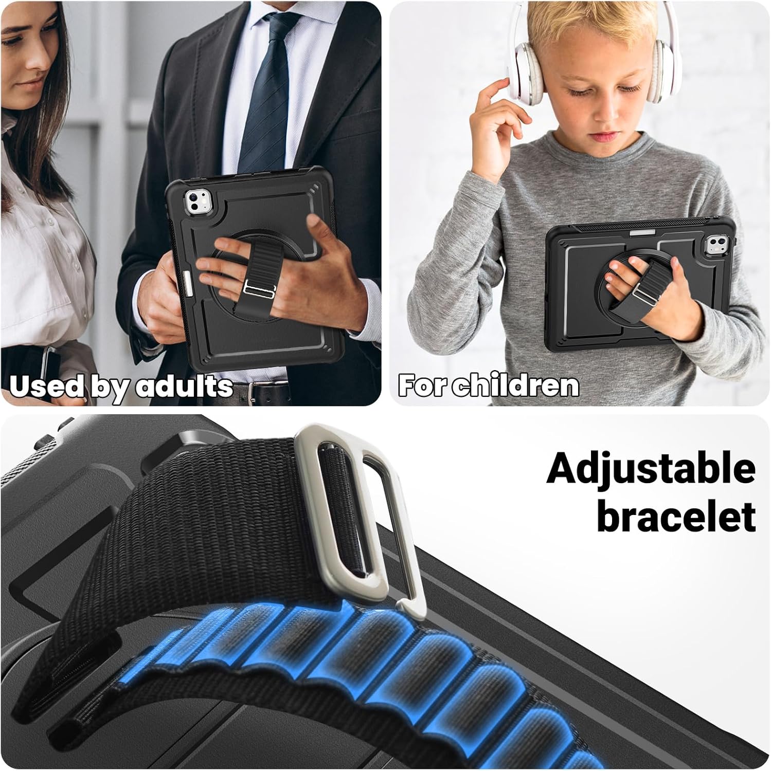 Batianda Case for 11-inch iPad Pro (2024) with M4 Chip Multilayered Rugged Durable Shockproof Tablet Cover with 360° Rotating Hand Strap Foldable Hidden Stand, Black