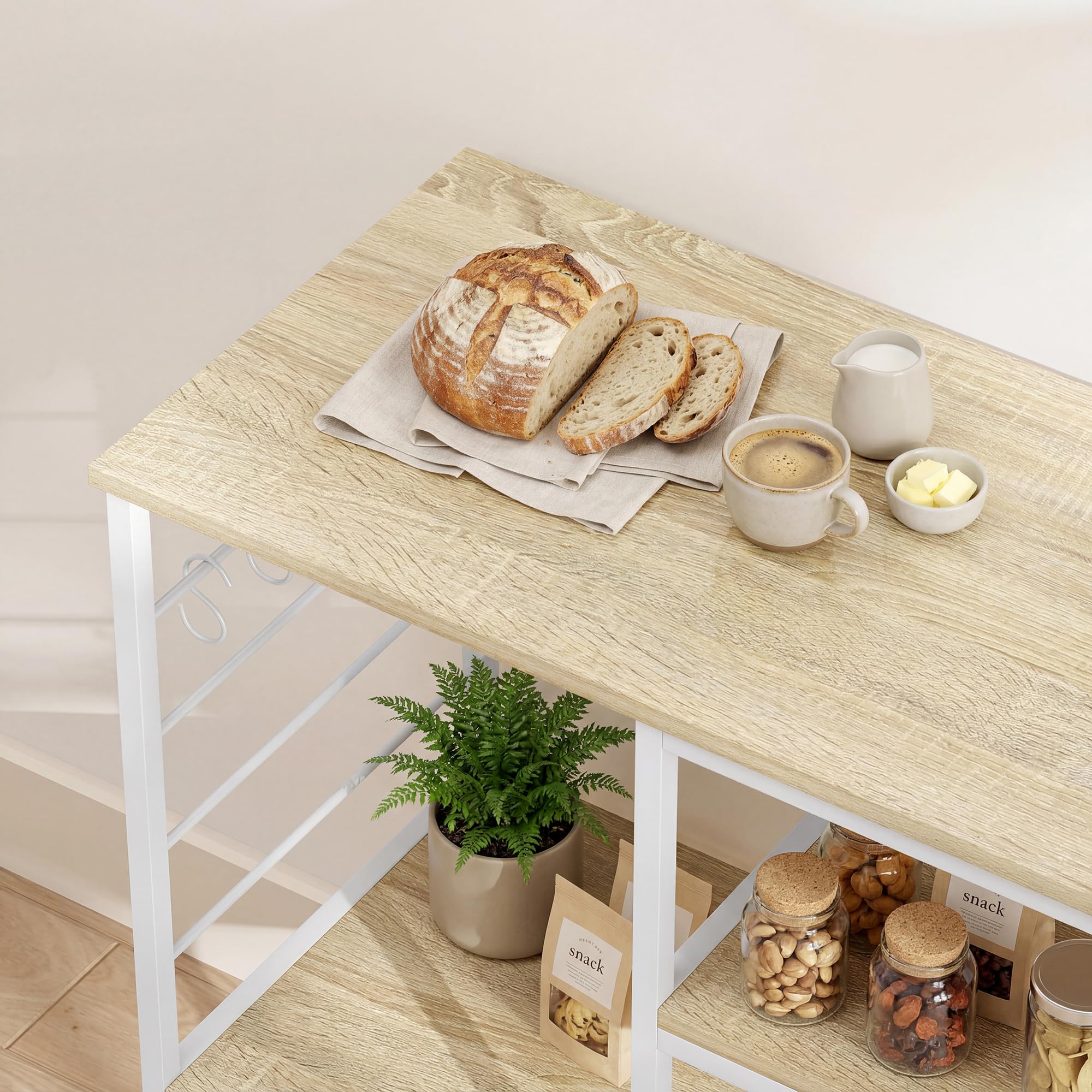 HOMCOM Scaffale Cucina con Ripiani, Scaffale Portaoggetti Salvaspazio in Legno e Metallo con 5 Ganci a S e Piedini Regolabili, per Spezie, Pentole e Padelle, 90x39x83.5 cm, Rovere