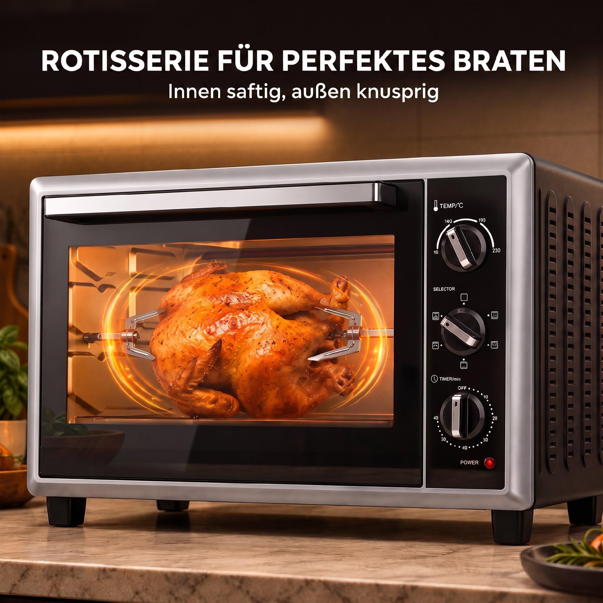 HOMCOM Mini piekarnik z obiegiem, rożen obrotowy, 46 l, 90-230 ℃, timer 60