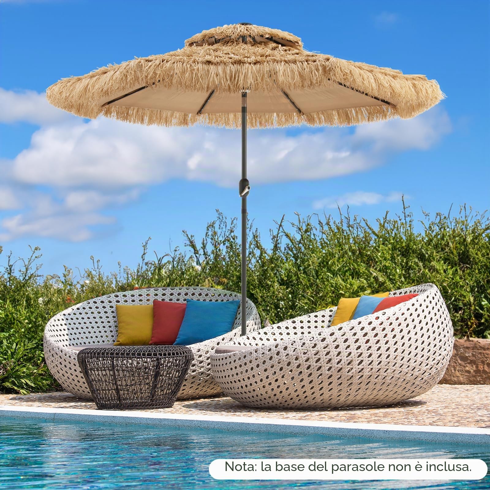 KOMFOTTEU Ombrellone da Spiaggia Ø270 cm Inclinabile in Paglia PE | Parasole Rafia con 8 Aste per Giardino Balcone senza Base, Naturale