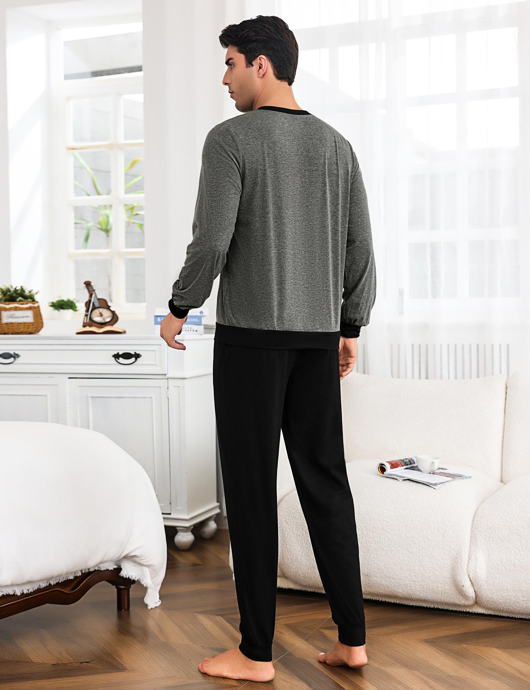 Bresdk Pigiama Uomo Invernale in Cotone Lungo a Maniche Lunghe e Pantaloni Pigiami Due Pezzi da Uomo con Tasche S-3XL