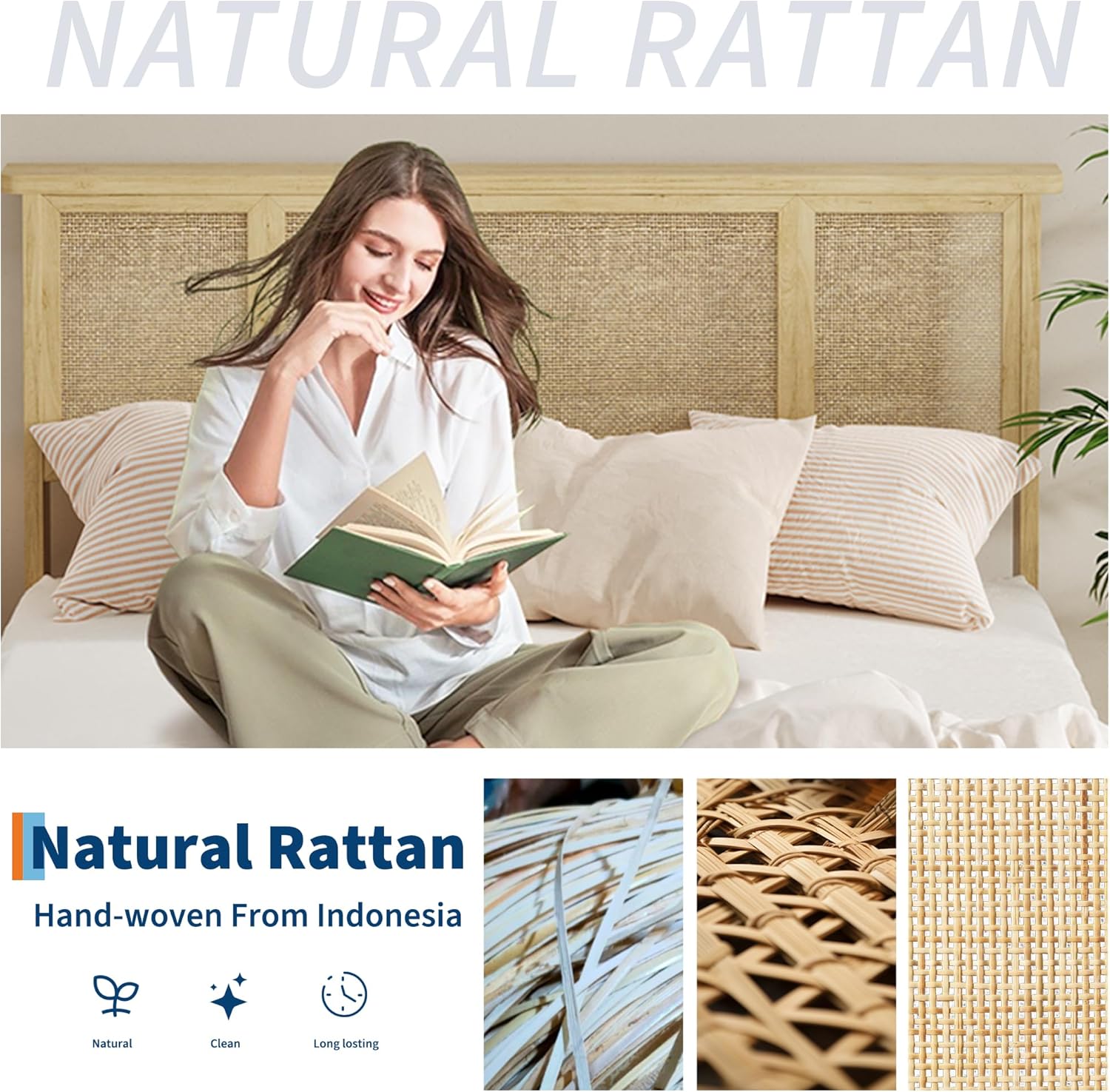 Close-up of the natural rattan headboard material.