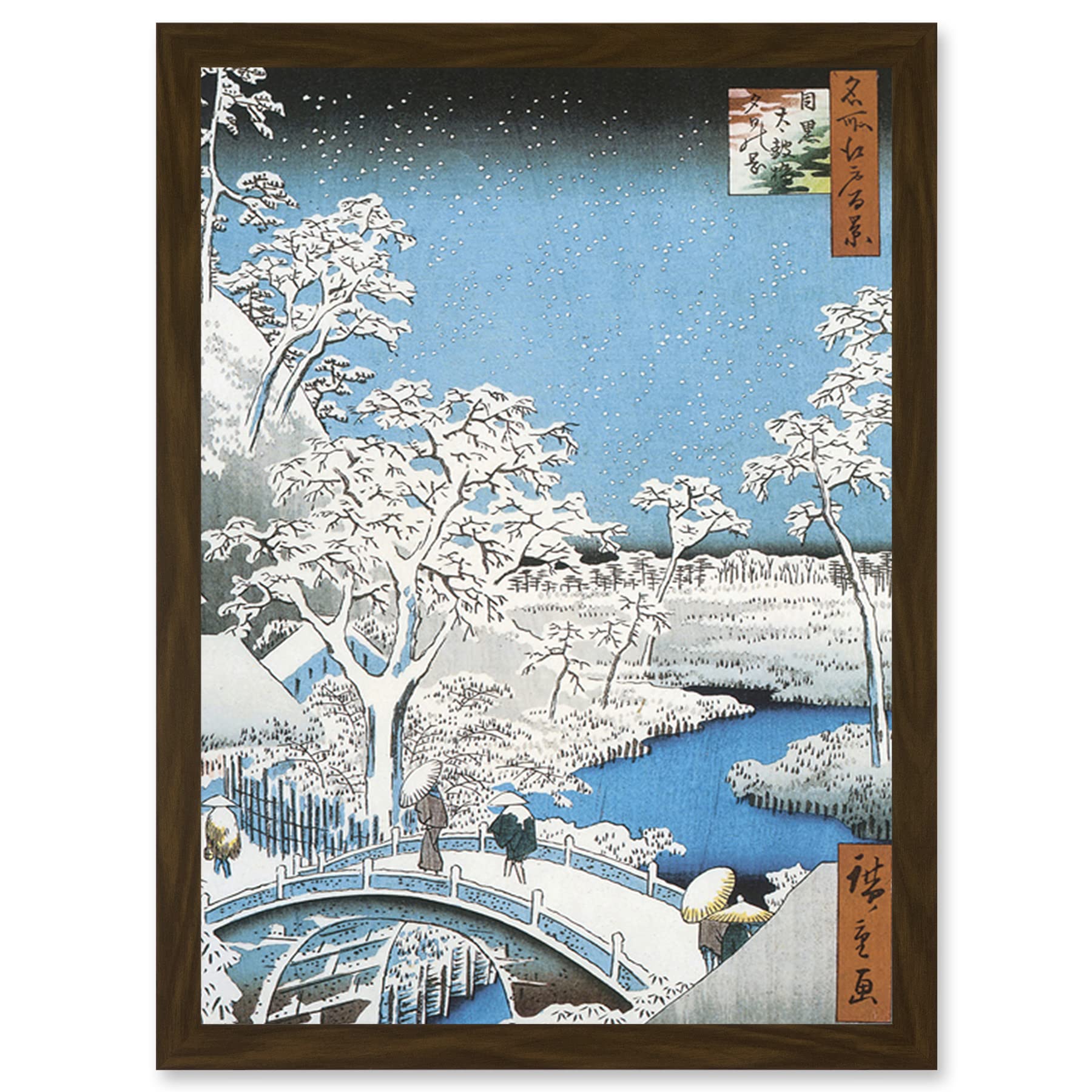 Artery8 Japanese Woodblock Winter Snow Scene Bridge Over River A4 Artwork Framed Wall Art Print