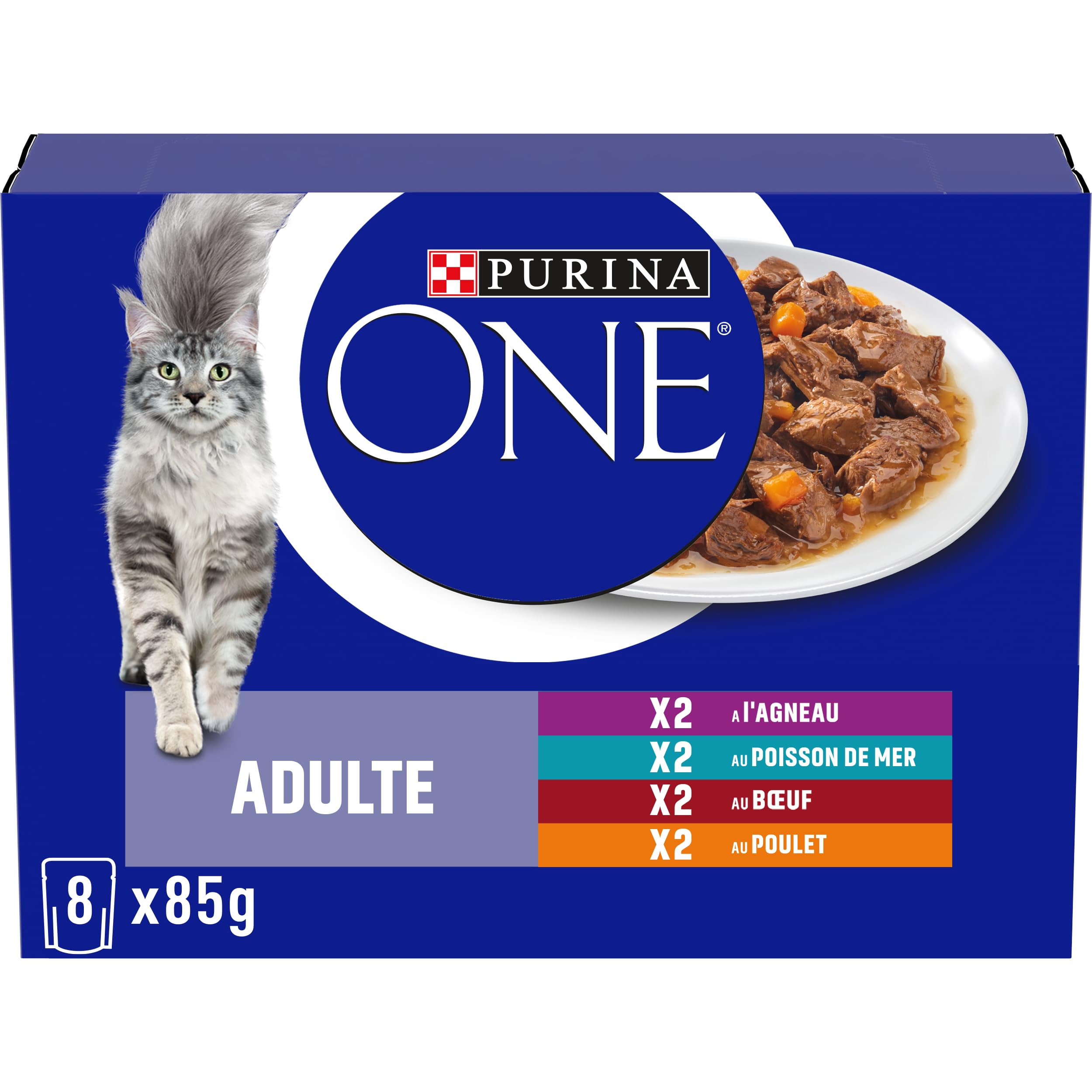 PURINA ONE | Complete Food | Adult Cat | Tapered in Sauce | Helps Maintain a Strong Immune System | Lamb, Seafish, Beef, Chicken | Single Serving | Sachets | 8x85g