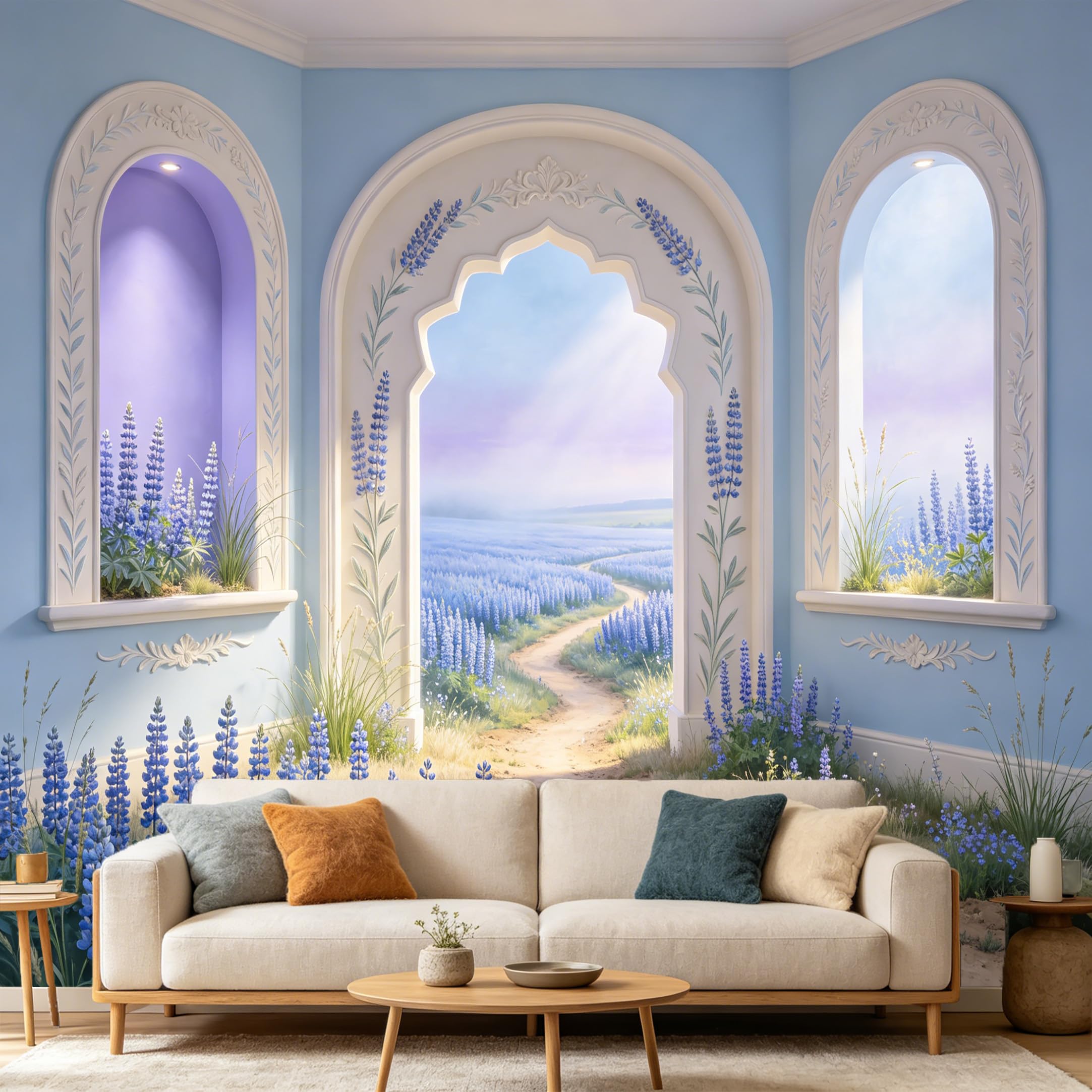 Custom Size Wall Mural， 3D Trompe L'Oeil Mediterranean Archway Blue Floral Meadow Landscape， SelfAdhesive Art Prints wall Fabric Removable Large Wallpaper Home Living Room Decor