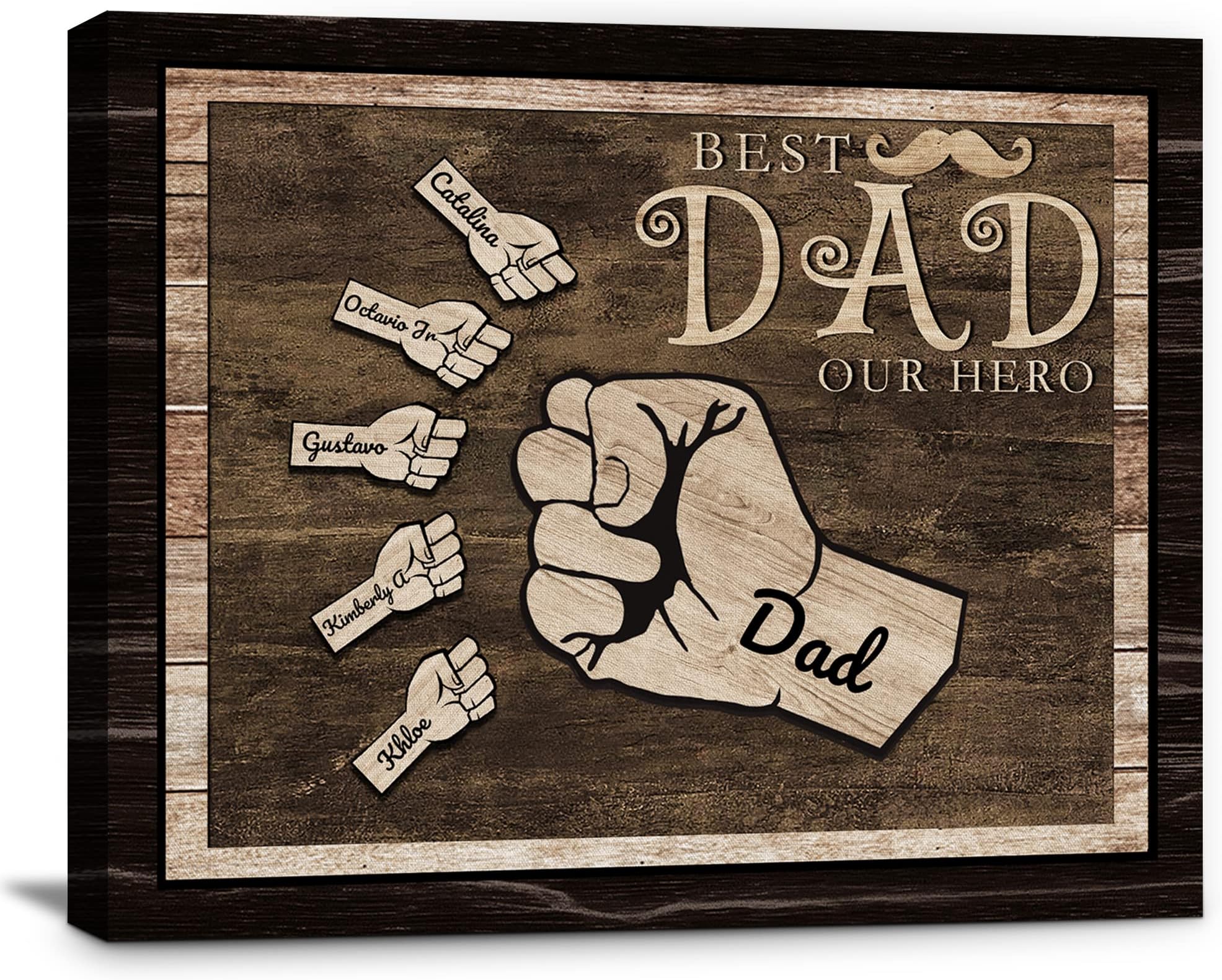 Custom Rustic Wood Fists Sign Canvas Prints With Name, Personalized Father's Day Gifts For Dad Husband From Son, Daughter, Wife, Unique Dad Birthday Gift Idea,Canvas Wall Art For Living Room