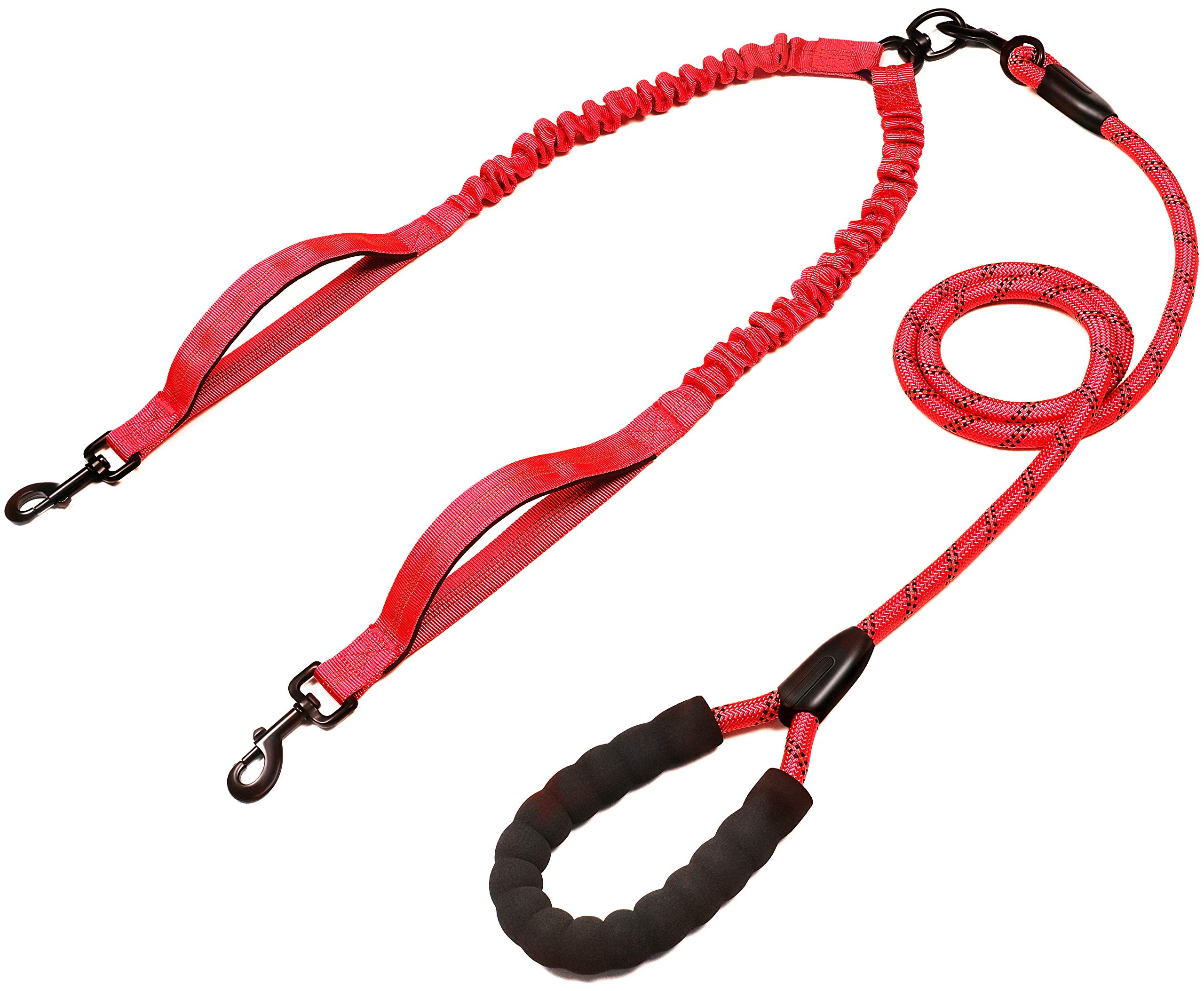iYoPets Double Dog Leash with Two Extra Traffic Handles, 360 Swivel No Tangle Dual Dog Walking Leash, Comfortable Shock Absorbing Reflective Bungee