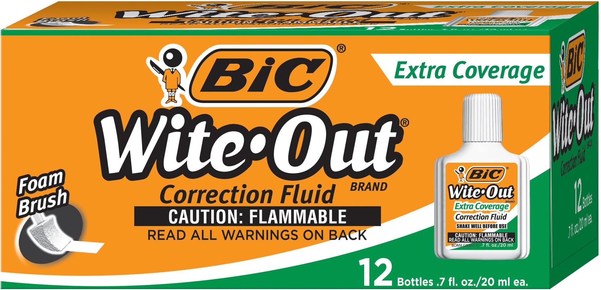 BIC Wite-Out Extra Coverage Correction Fluid, White, 12 Corr