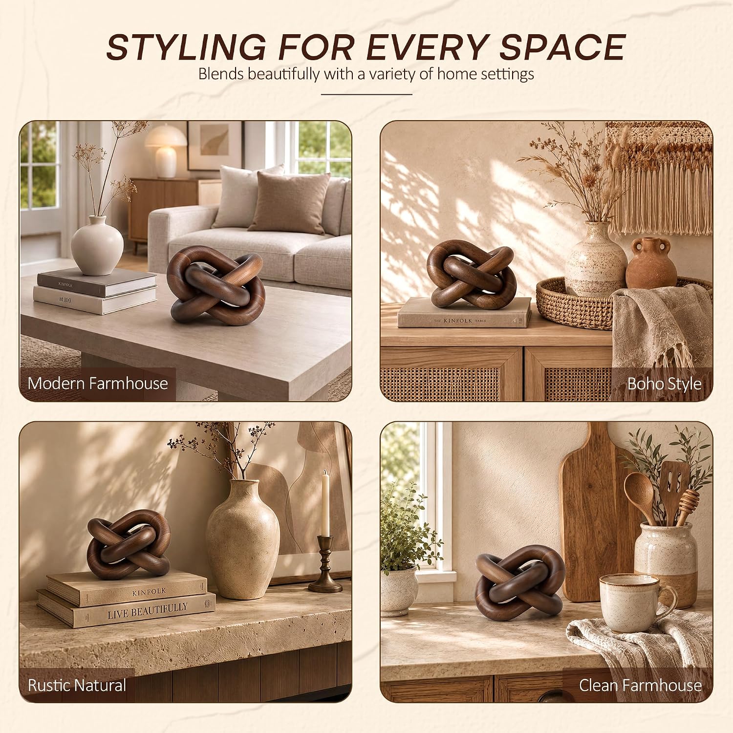 Acacia Wood 3 Link Wood Knot Decor for Side Table & Book Shelf, Dark Brown image 5
