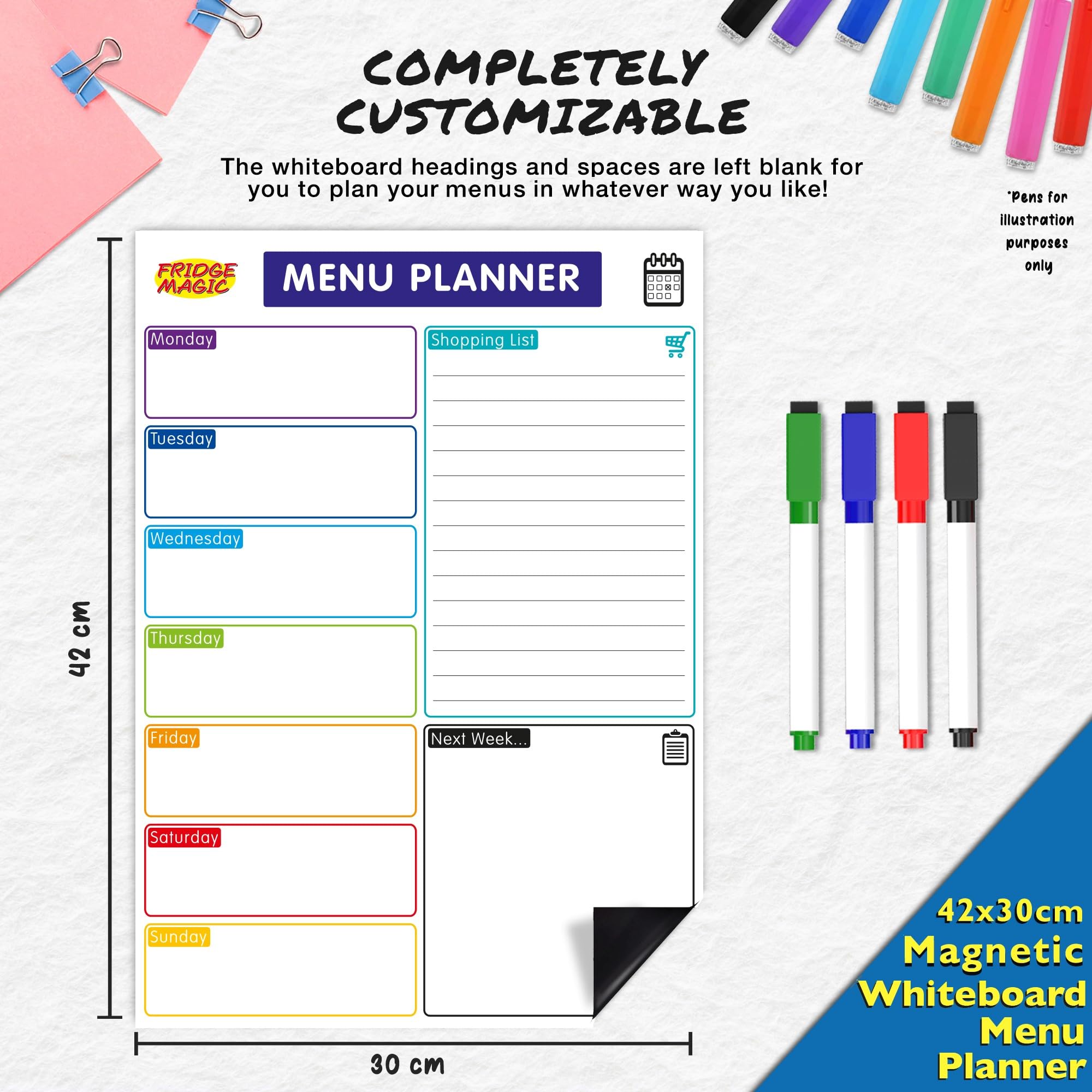Magnetic Whiteboard for Fridge: Multi-Functional Meal Menu Planner, with Colourful Erasable Pens, W30 x H42 cm - Image 3