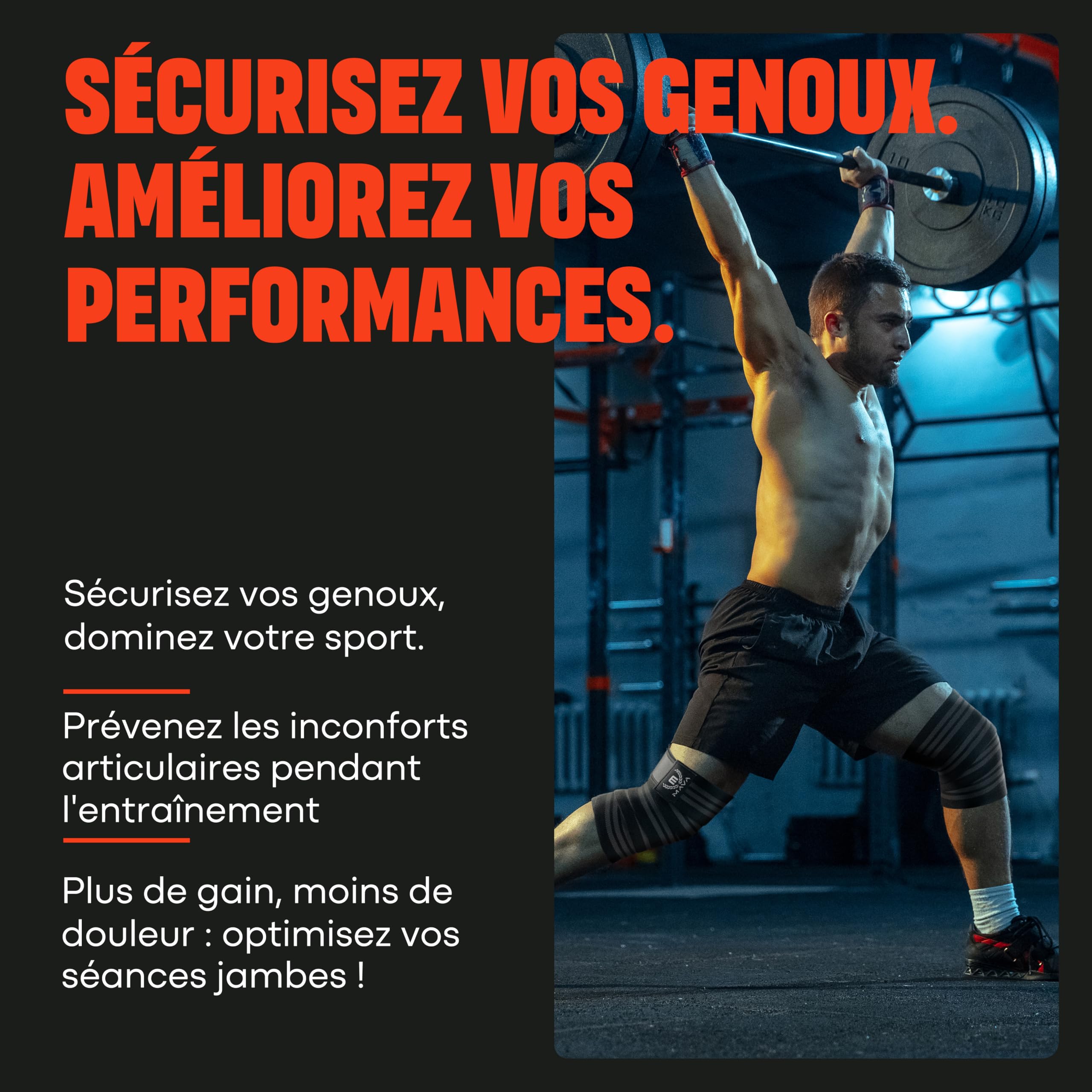 Genouillère de Compression Mava 183 cm pour Homme et Femme - Genouillère Squat pour Gym et Musculation - Attelle de Genou Support Élastique