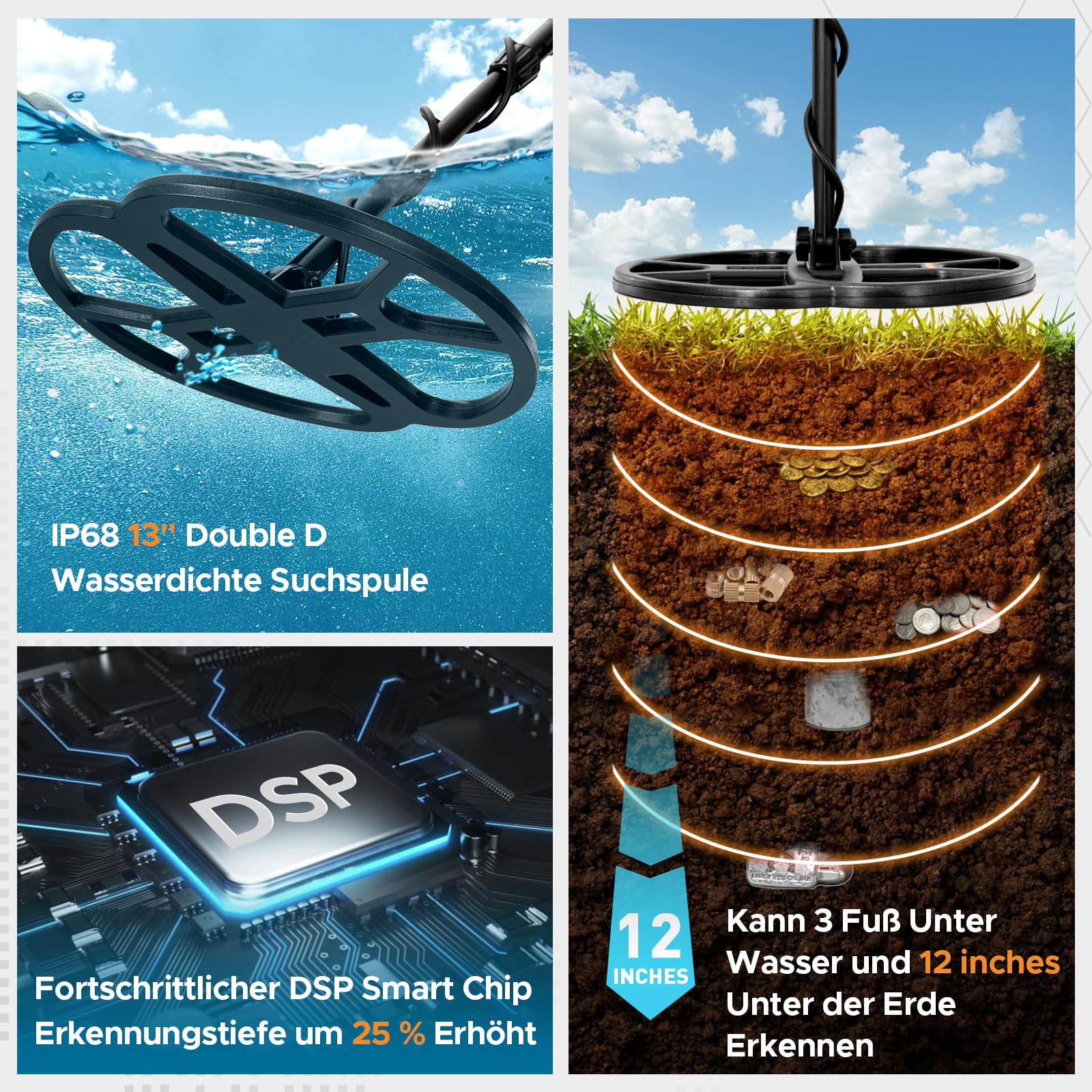Hazlewolke 13''/33CM Metalldetektor Profi mit großer wasserdichter Doppel-D Suchspule, hoher Empfindlichkeit & Pinpointer-Funktion, Golddetektor für Erwachsene mit LCD-Anzeige
