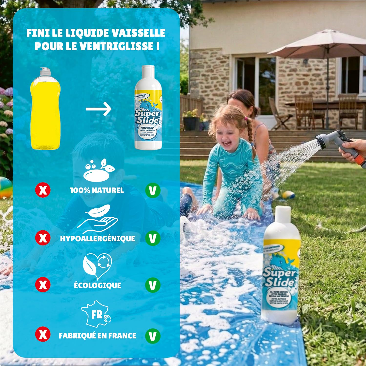 Pack Ventriglisse Géant XXXXL 20 Mètres | 2 Tapis de Glisse 10 Mètres + 2 Planches Bodyboards pour Mieux Glisser + 1 Litre Savon Naturel Extra-Glissant | Slip'n Slide Jeux d'eau | OriginalCup