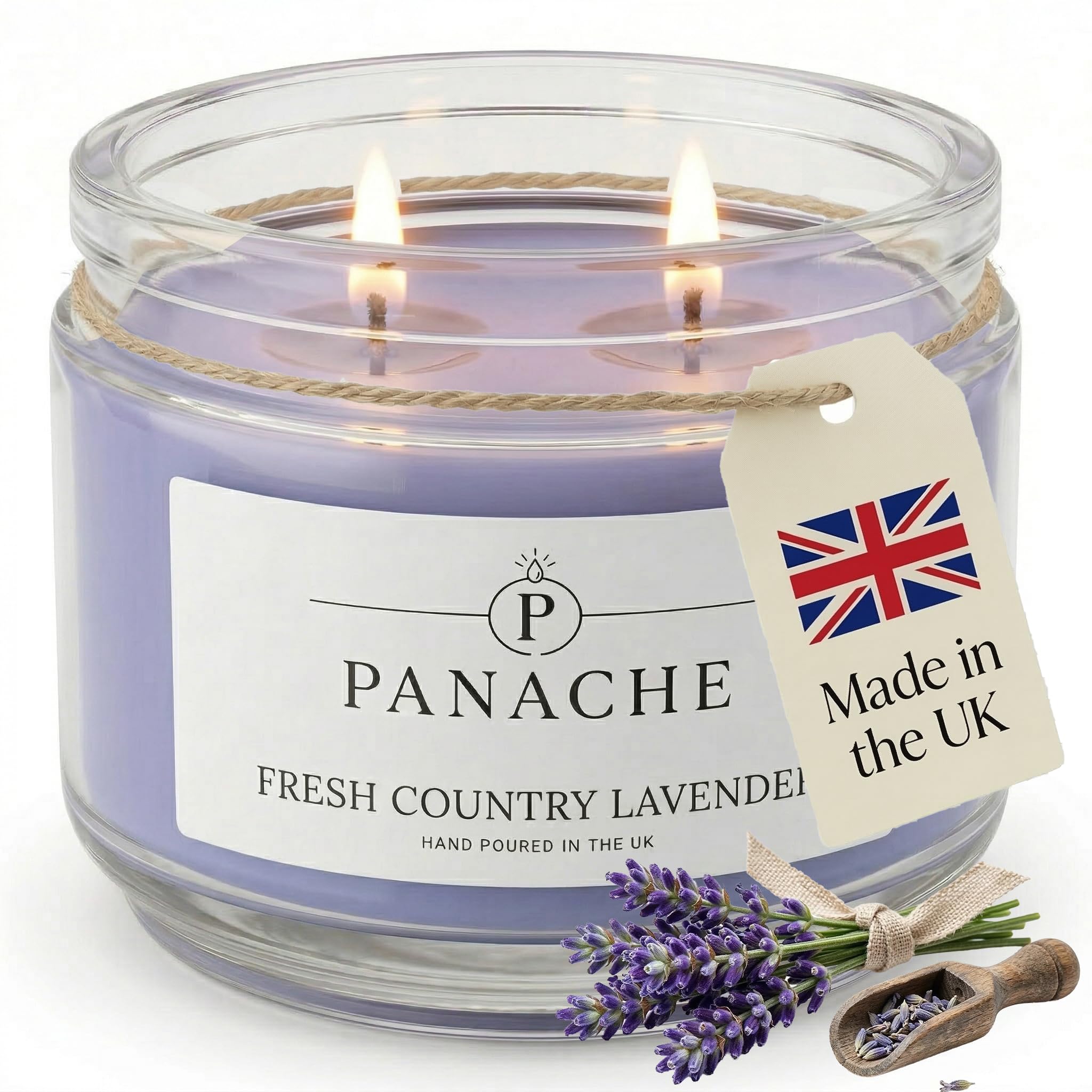 Panache Fresh Country Lavender Scented Candle – Double Wick Soy Wax Candle, 48 Hour Burn Time, Hand Poured in UK, Clean Burning Cotton Wicks, Luxury Glass Jar Candle for Home Fragrance & Gifts (320g) — image 1