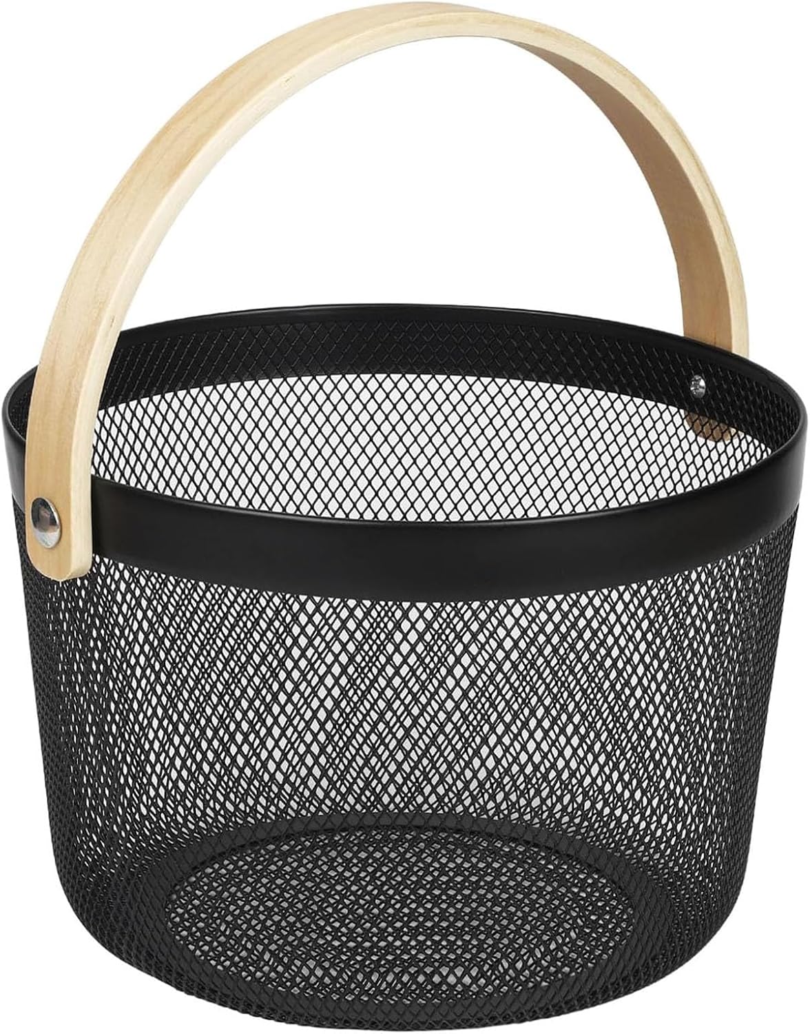 AJIODA Metal Mesh Steel Wire Basket, Round Storage Organizer Basket with Wooden Handle Multi-functional Hanging Kitchen Baskets Fruit Baskets for Kitchen Bathroom Picnic Decor Cabinet Home, Black