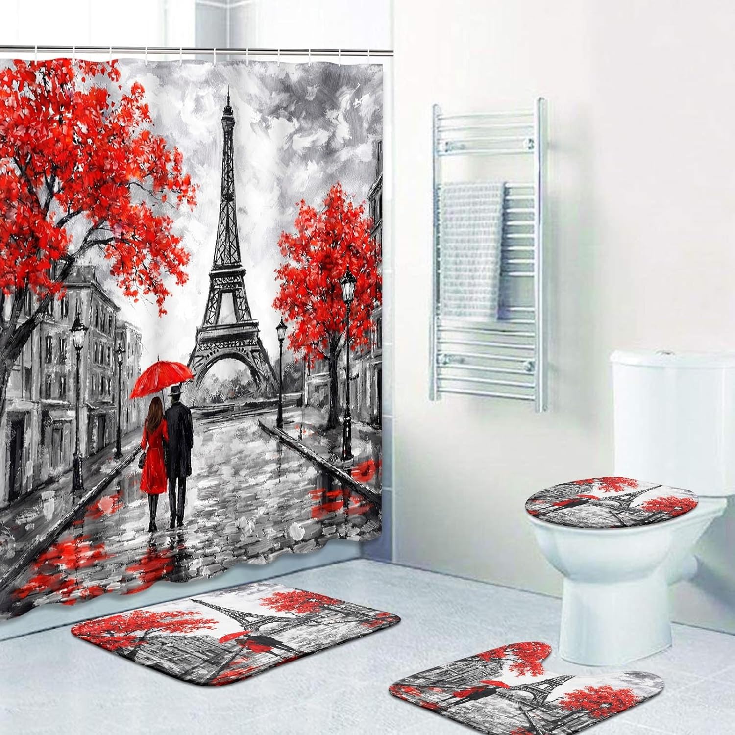 Britimes 4 Piece Shower Curtain Sets, Red Background Paris Eiffel Tower with Non-Slip Rugs, Toilet Lid Cover and Bath Mat, for Bathroom Decor Set, 72" x 72"