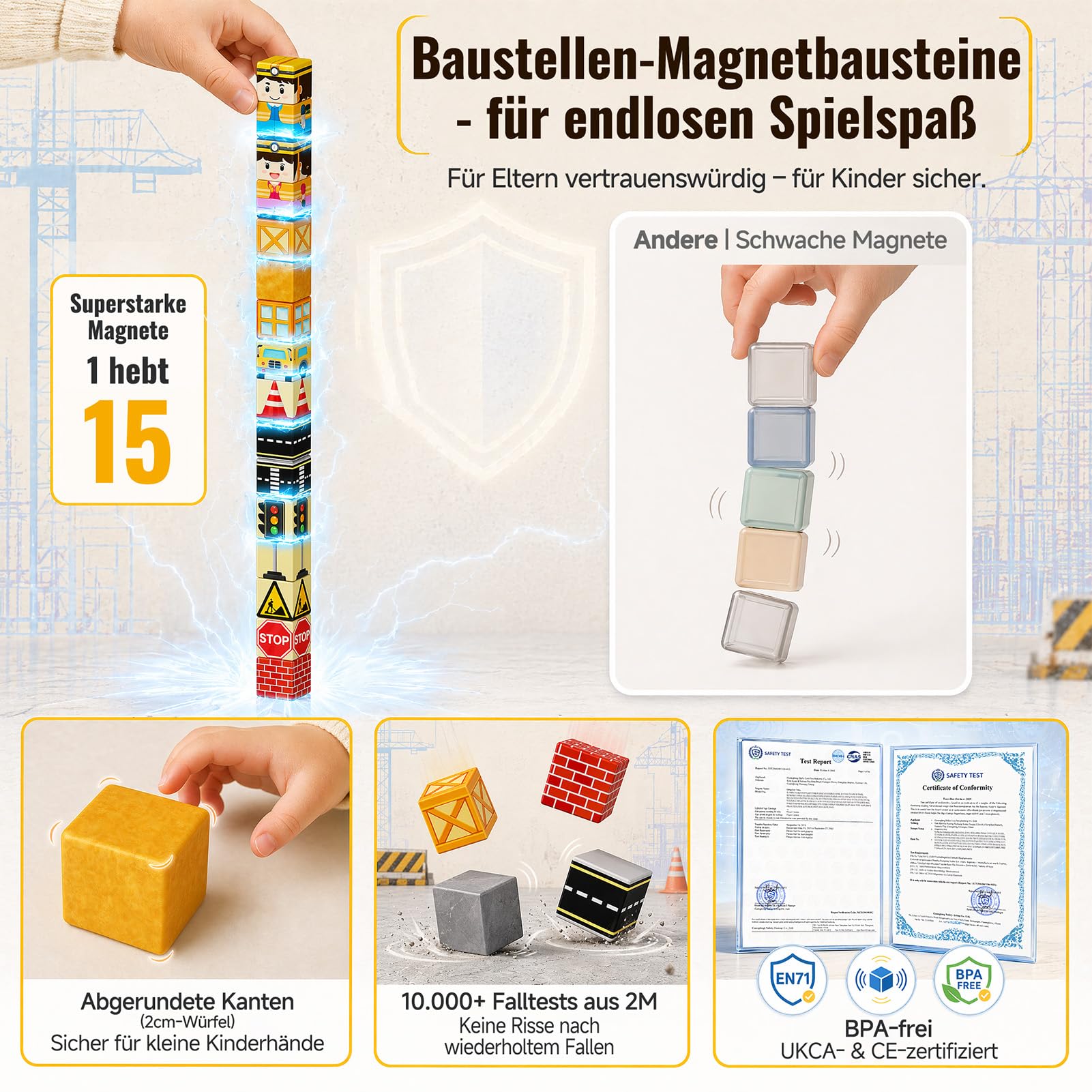 Magnetische Bausteine Reiseset Baustelle: 100 Teile für Jungen | Baustellen-Magnetwürfel mit Metalldose als Bauplatte für 1-3 Kinder – 1h ruhig & streitenfrei für Auto/Flug/Restaurant