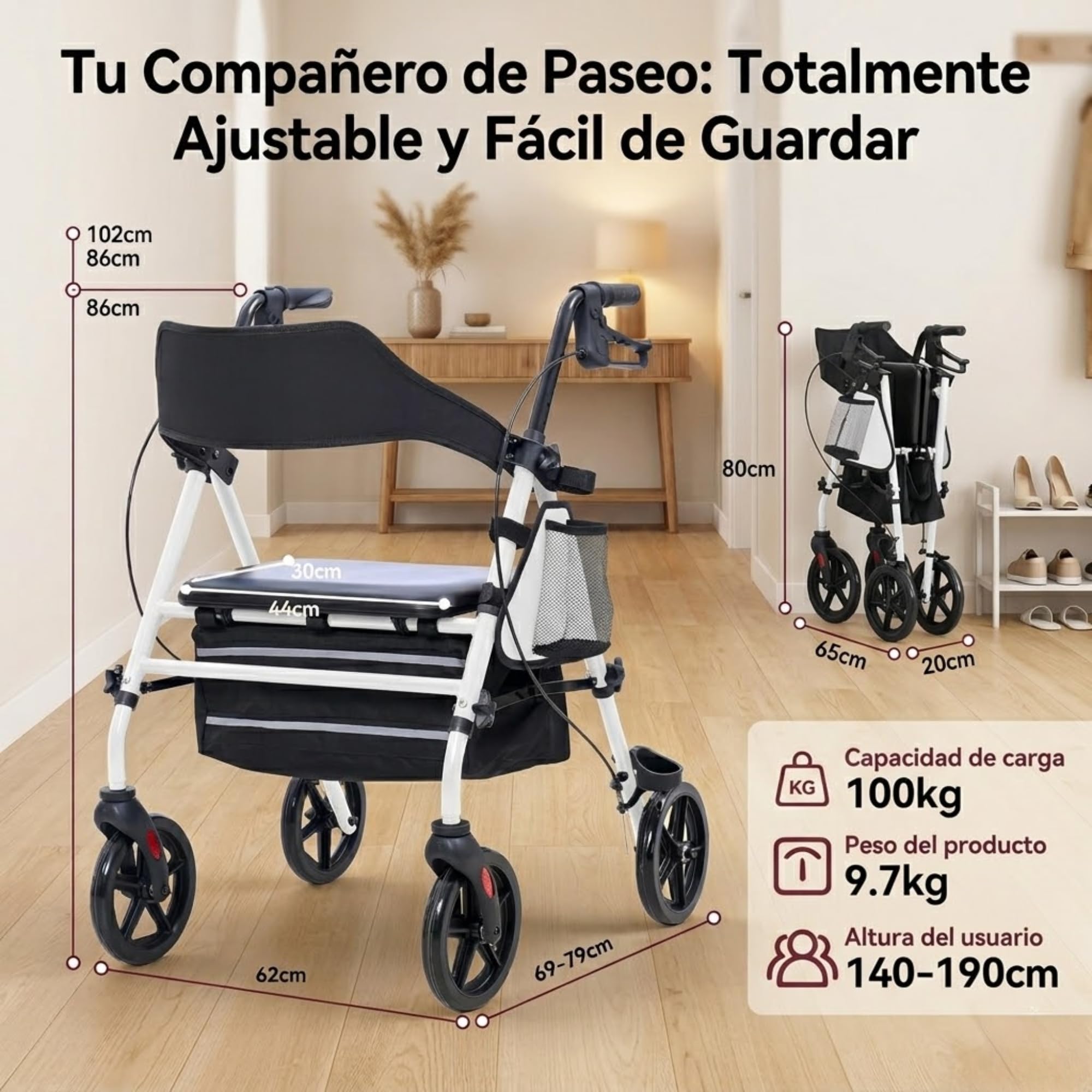 Andador para Ancianos Plegable con Asiento Acolchado, Frenos de Maneta y Cesta – Ligero, Resistente y Seguro con 4 Ruedas Giratorias – Ideal para Personas Mayores, Interior o Exterior